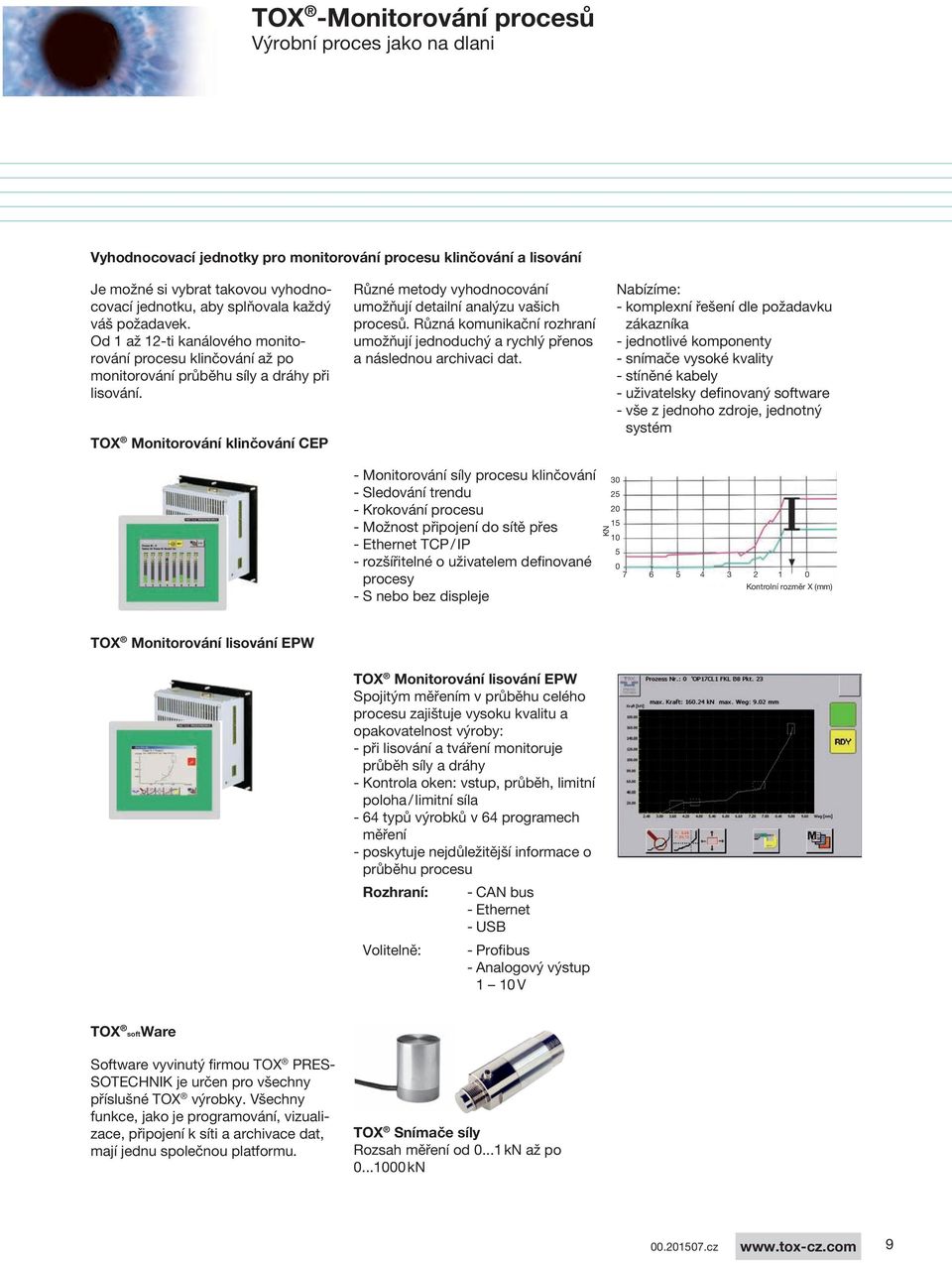 TOX Monitorování klinčování CEP Různé metody vyhodnocování umožňují detailní analýzu vašich procesů. Různá komunikační rozhraní umožňují jednoduchý a rychlý přenos a následnou archivaci dat.