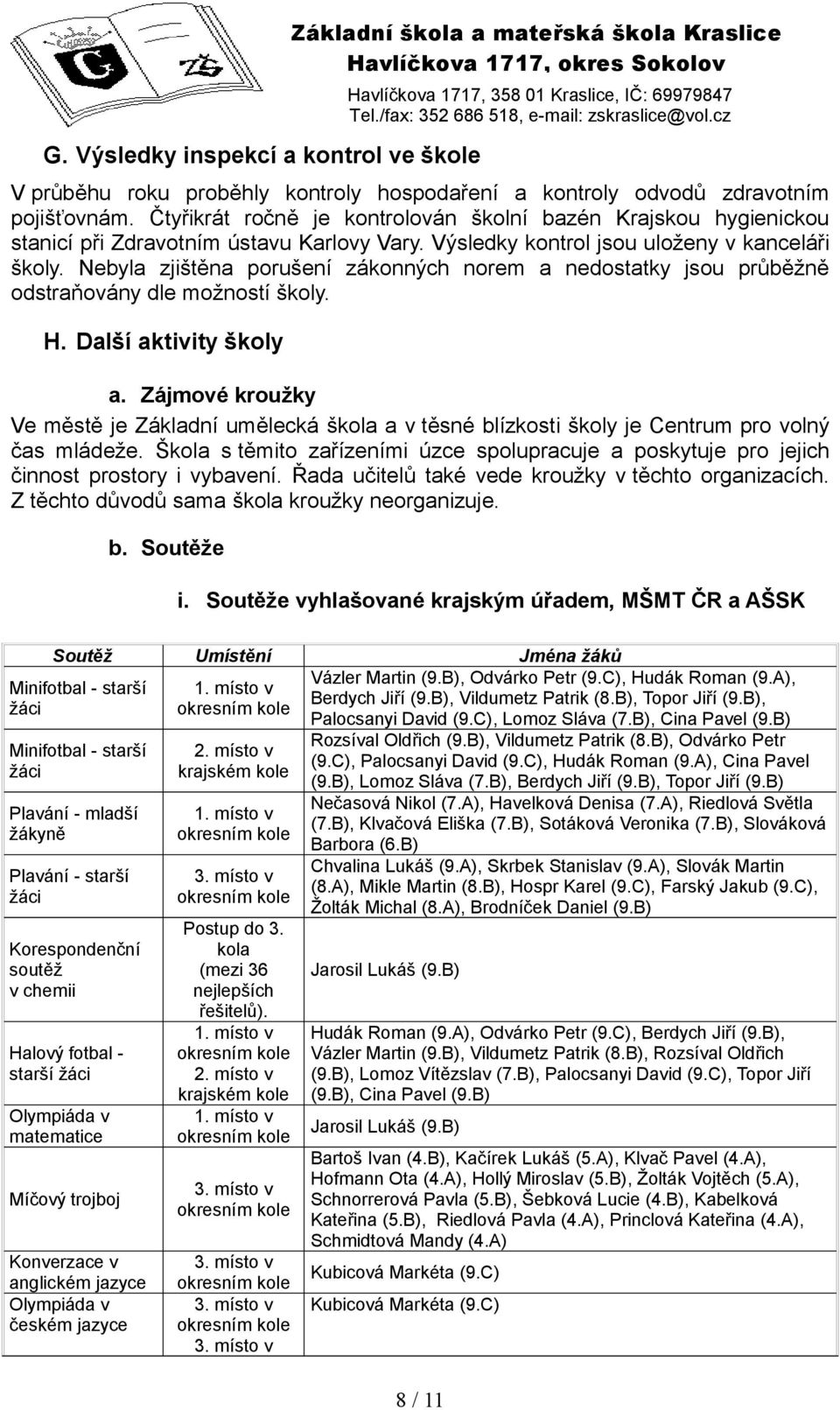 Nebyla zjištěna porušení zákonných norem a nedostatky jsou průběžně odstraňovány dle možností školy. H. Další aktivity školy a.