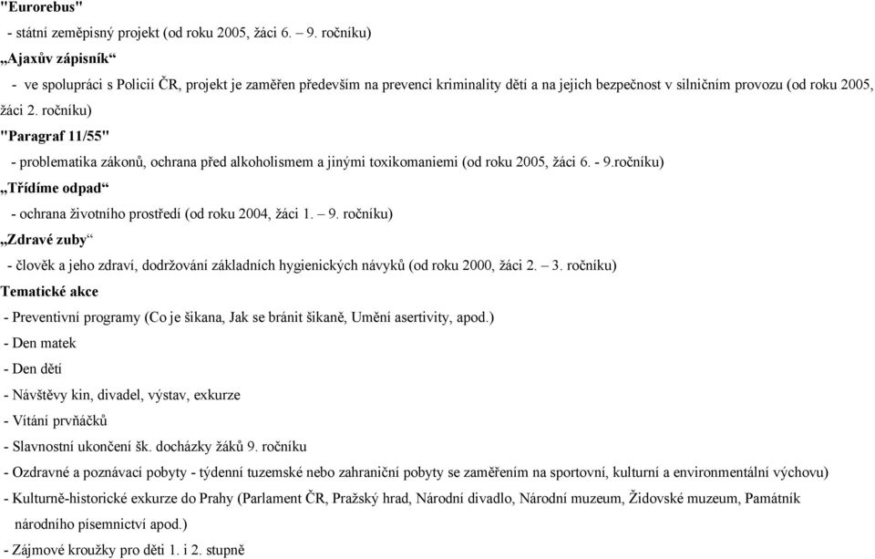 ročníku) "Paragraf 11/55" - problematika zákonů, ochrana před alkoholismem a jinými toxikomaniemi (od roku 2005, žáci 6. - 9.ročníku) Třídíme odpad - ochrana životního prostředí (od roku 2004, žáci 1.