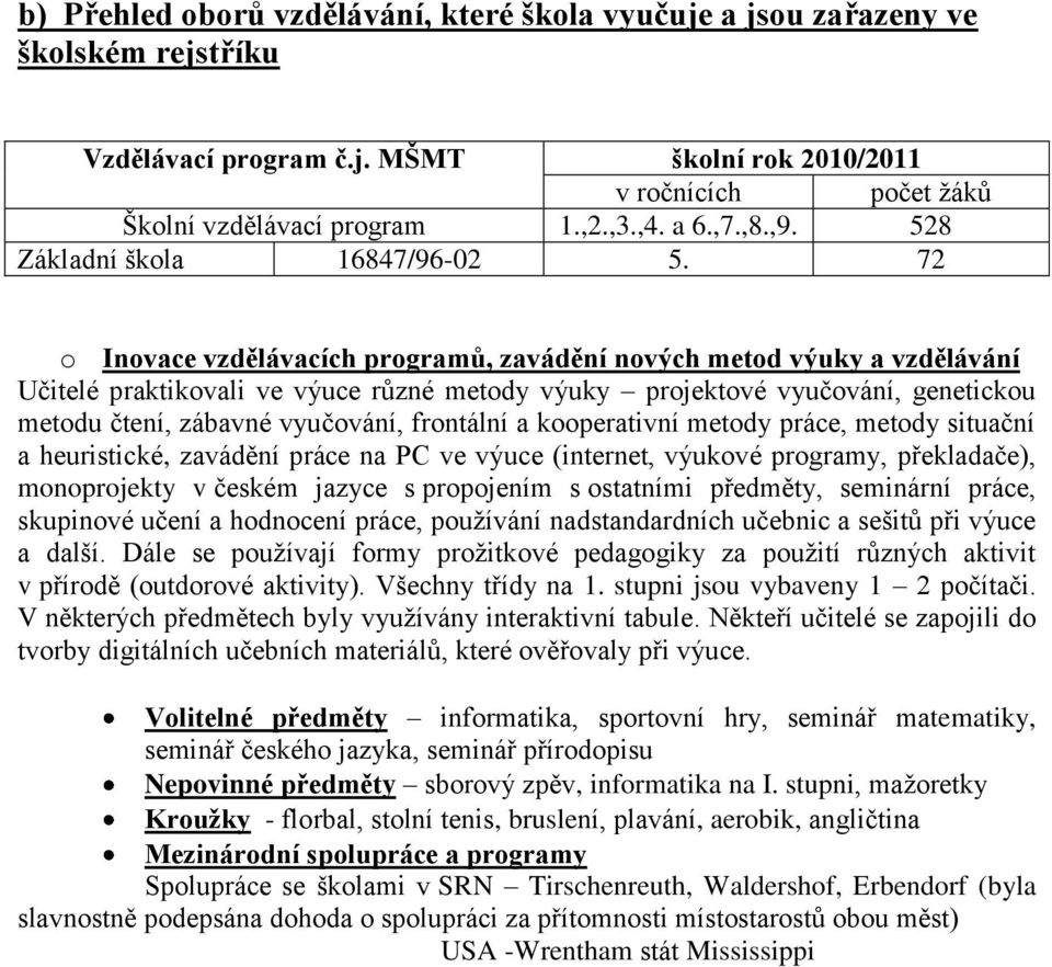 72 o Inovace vzdělávacích programů, zavádění nových metod výuky a vzdělávání Učitelé praktikovali ve výuce různé metody výuky projektové vyučování, genetickou metodu čtení, zábavné vyučování,