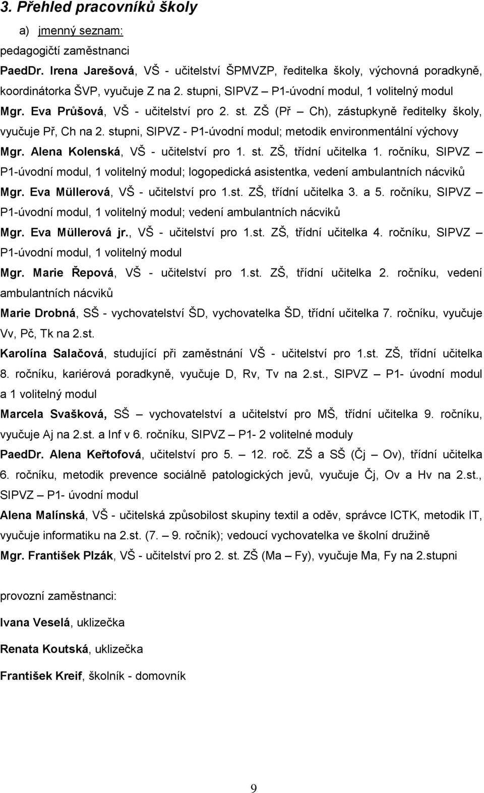 stupni, SIPVZ - P1-úvodní modul; metodik environmentální výchovy Mgr. Alena Kolenská, VŠ - učitelství pro 1. st. ZŠ, třídní učitelka 1.