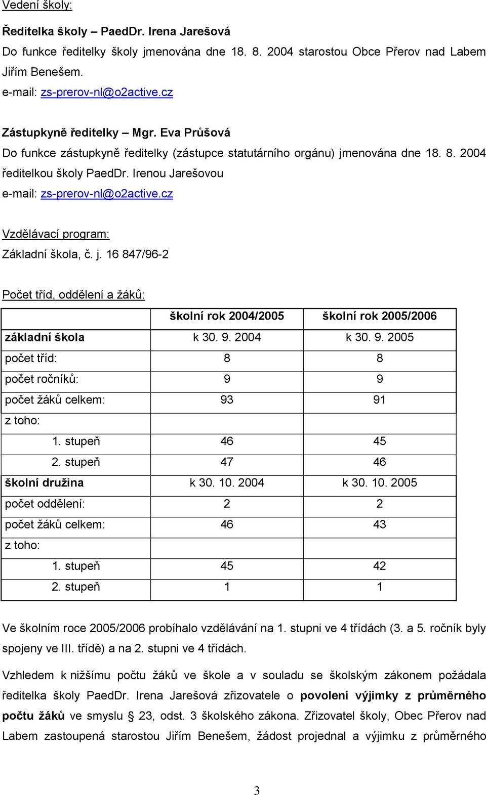 Irenou Jarešovou e-mail: zs-prerov-nl@o2active.cz Vzdělávací program: Základní škola, č. j. 16 847/96-2 Počet tříd, oddělení a ţáků: školní rok 2004/2005 školní rok 2005/2006 základní škola k 30. 9.