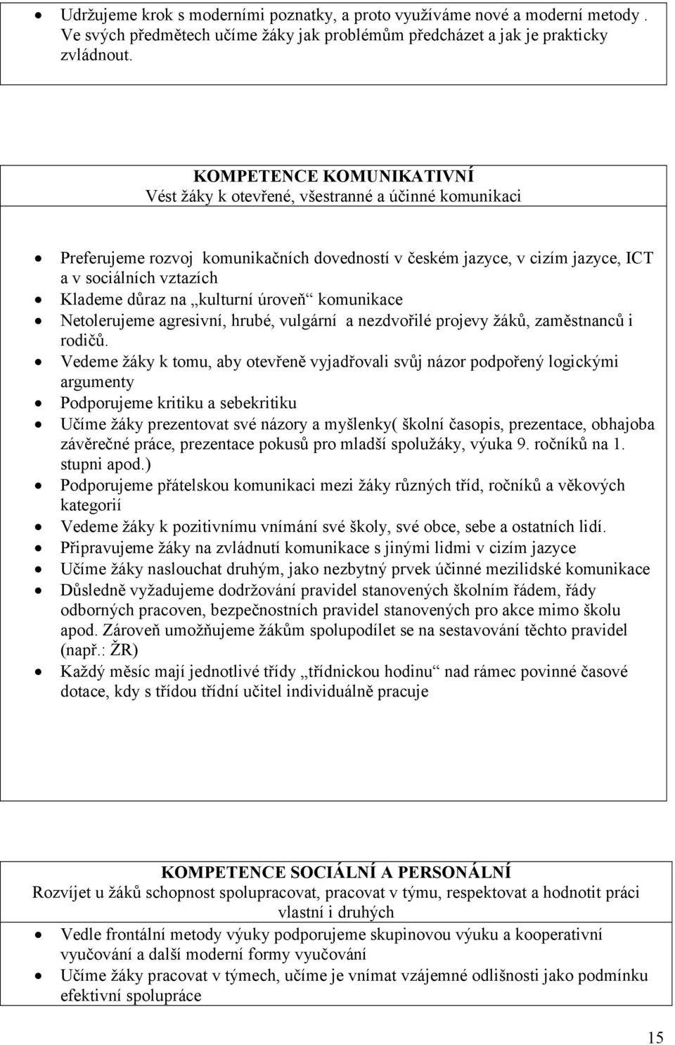 kulturní úroveň komunikace Netolerujeme agresivní, hrubé, vulgární a nezdvořilé projevy žáků, zaměstnanců i rodičů.