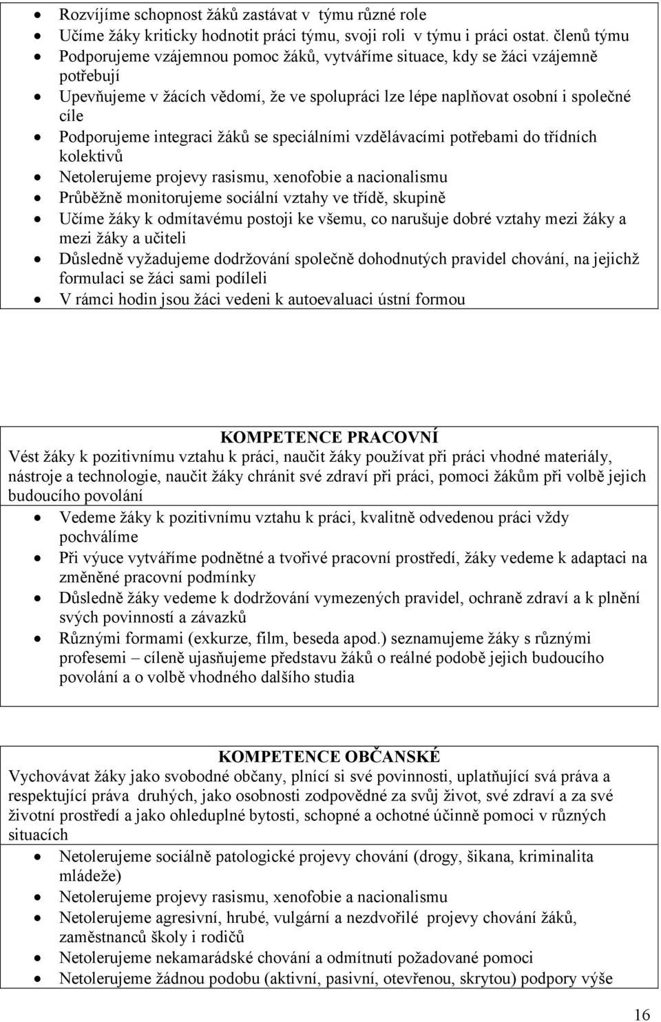 integraci žáků se speciálními vzdělávacími potřebami do třídních kolektivů Netolerujeme projevy rasismu, xenofobie a nacionalismu Průběžně monitorujeme sociální vztahy ve třídě, skupině Učíme žáky k