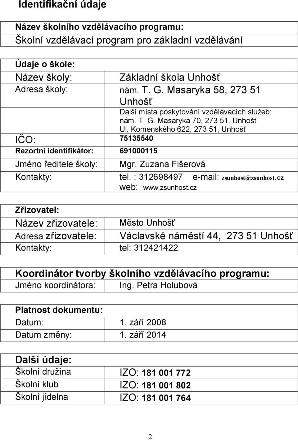 Komenského 622, 273 51, Unhošť IČO: 75135540 Rezortní identifikátor: 691000115 Jméno ředitele školy: Mgr. Zuzana Fišerová Kontakty: tel. : 312698497 e-mail: zsunhost@