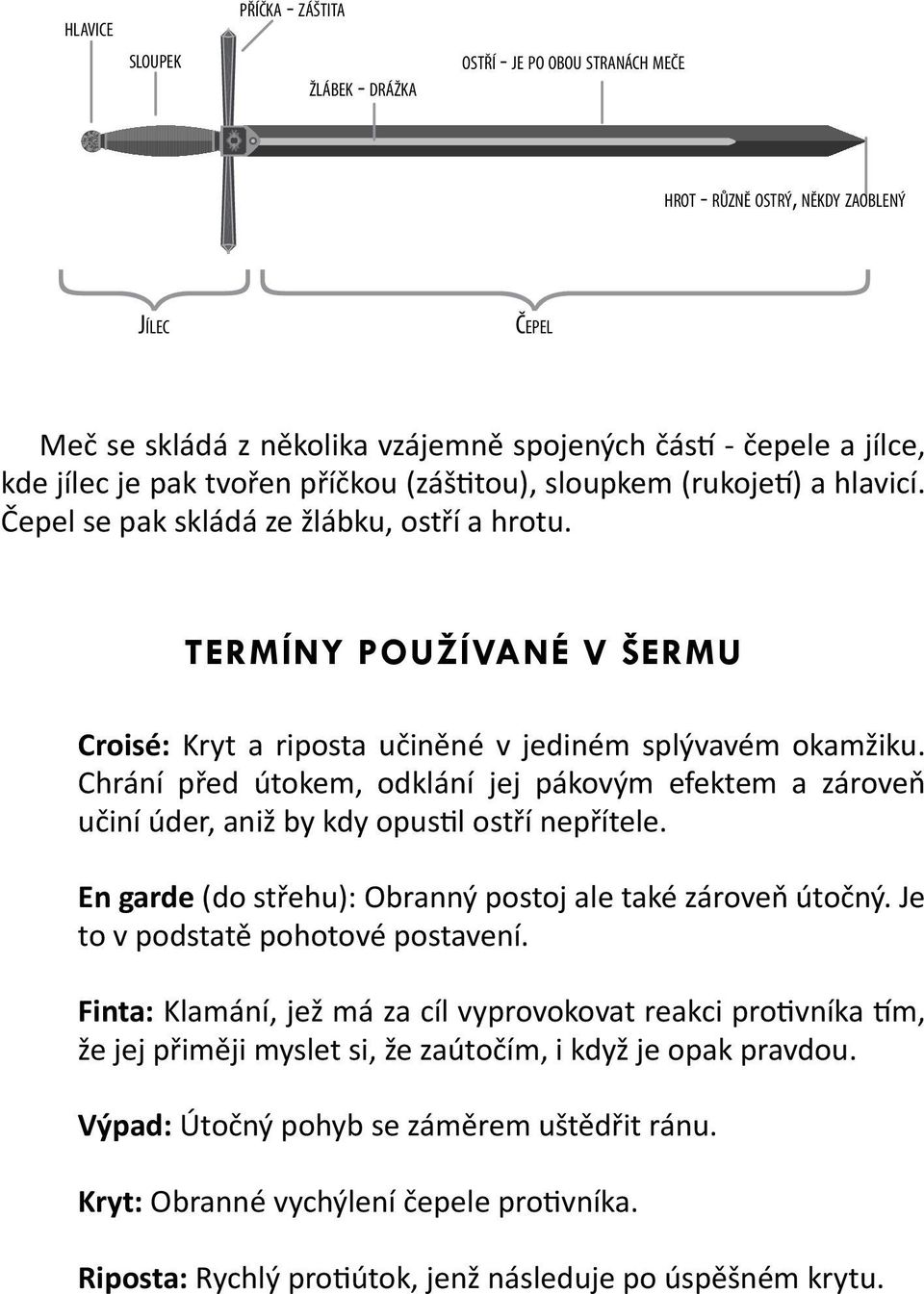 Termíny používané v šermu Croisé: Kryt a riposta učiněné v jediném splývavém okamžiku. Chrání před útokem, odklání jej pákovým efektem a zároveň učiní úder, aniž by kdy opustil ostří nepřítele.