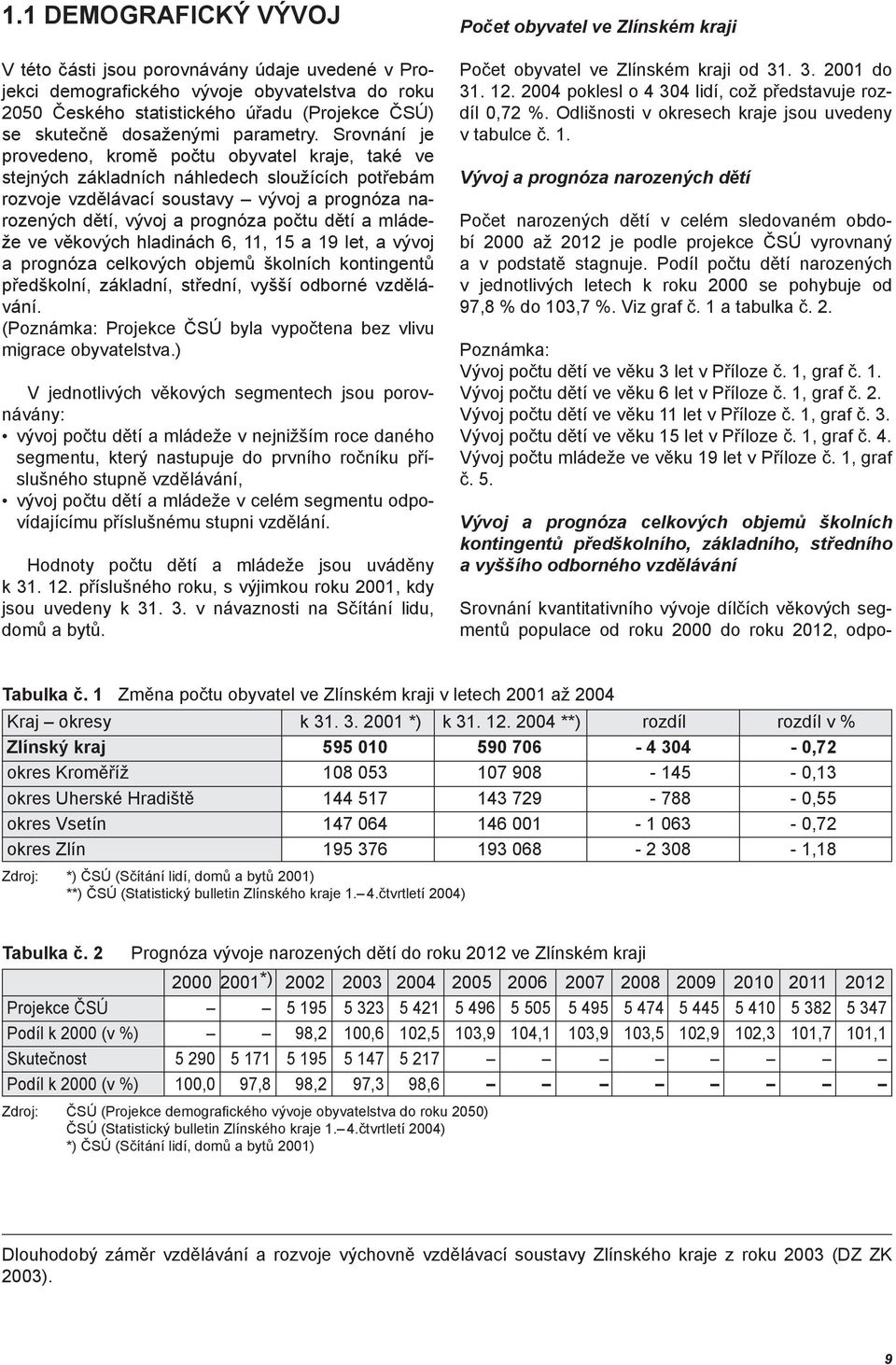 Srovnání je provedeno, kromě počtu obyvatel kraje, také ve stejných základních náhledech sloužících potřebám rozvoje vzdělávací soustavy vývoj a prognóza narozených dětí, vývoj a prognóza počtu dětí