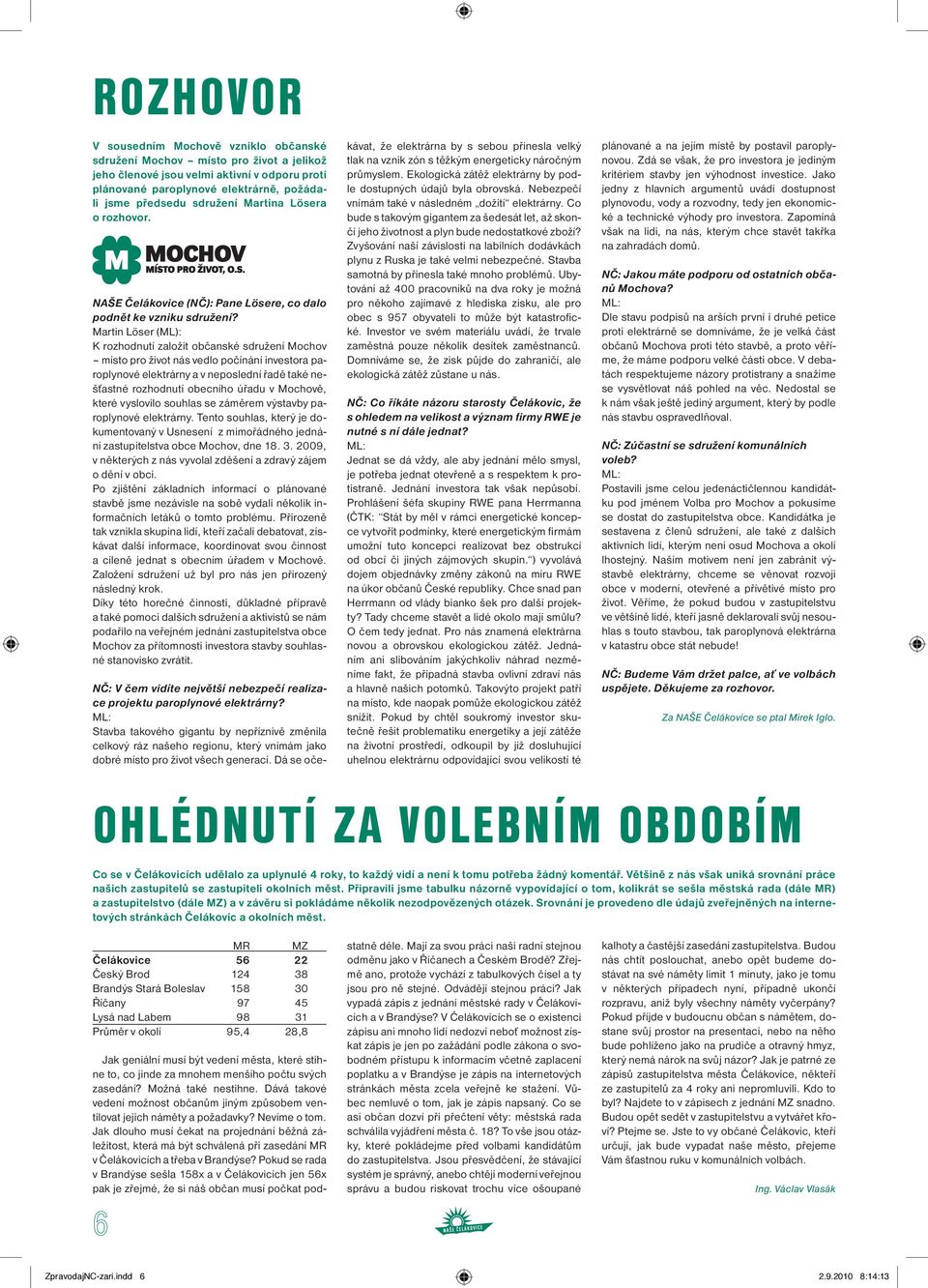 Martin Löser (ML): K rozhodnutí založit občanské sdružení Mochov místo pro život nás vedlo počínání investora paroplynové elektrárny a v neposlední řadě také nešťastné rozhodnutí obecního úřadu v