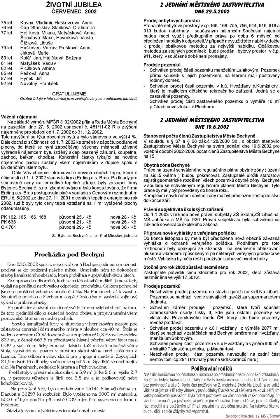 František GRATULUJEME Osobní údaje vtéto rubrice jsou zveřejňovány se souhlasem jubilantů Vážení nájemníci NazákladěvýměruMFČR č.02/2002přijalaradaměstabechyně na zasedání dne 27. 5. 2002 usnesení č.