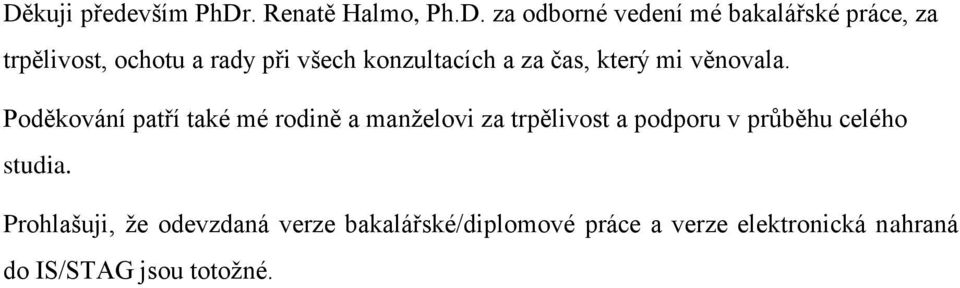 Poděkování patří také mé rodině a manželovi za trpělivost a podporu v průběhu celého studia.