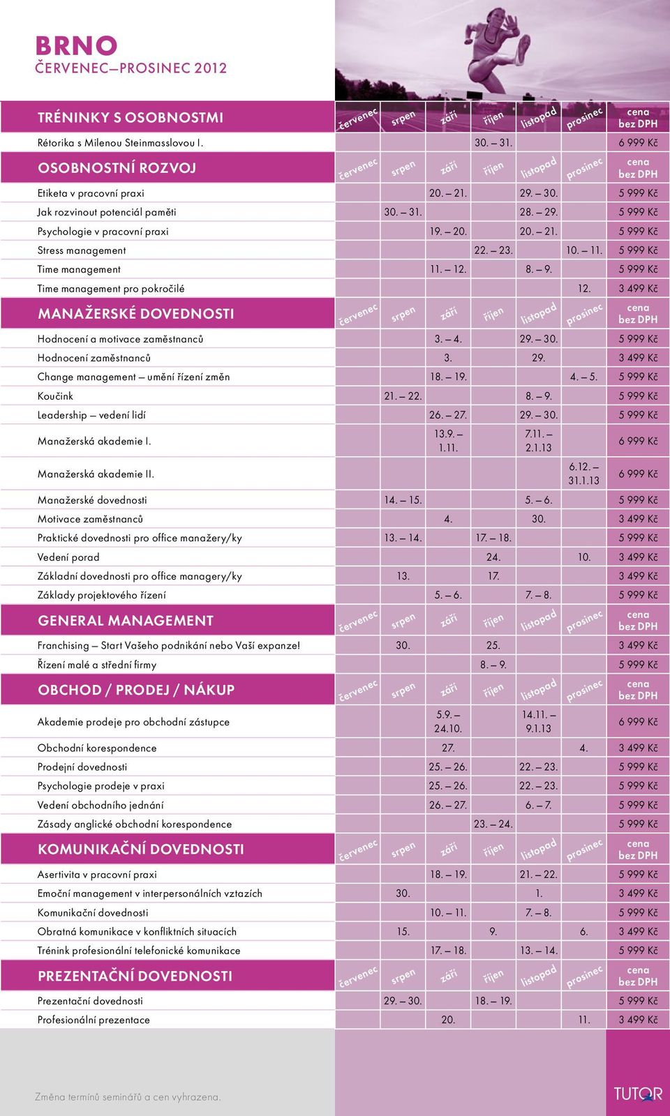 3 499 Kč MAAŽERSKÉ DOVEDOSTI Hodnocení a motivace zaměstnanců 3. 4. 29. 30. 5 999 Kč Hodnocení zaměstnanců 3. 29. 3 499 Kč Change management umění řízení změn 18. 19. 4. 5. 5 999 Kč Koučink 21. 22. 8.