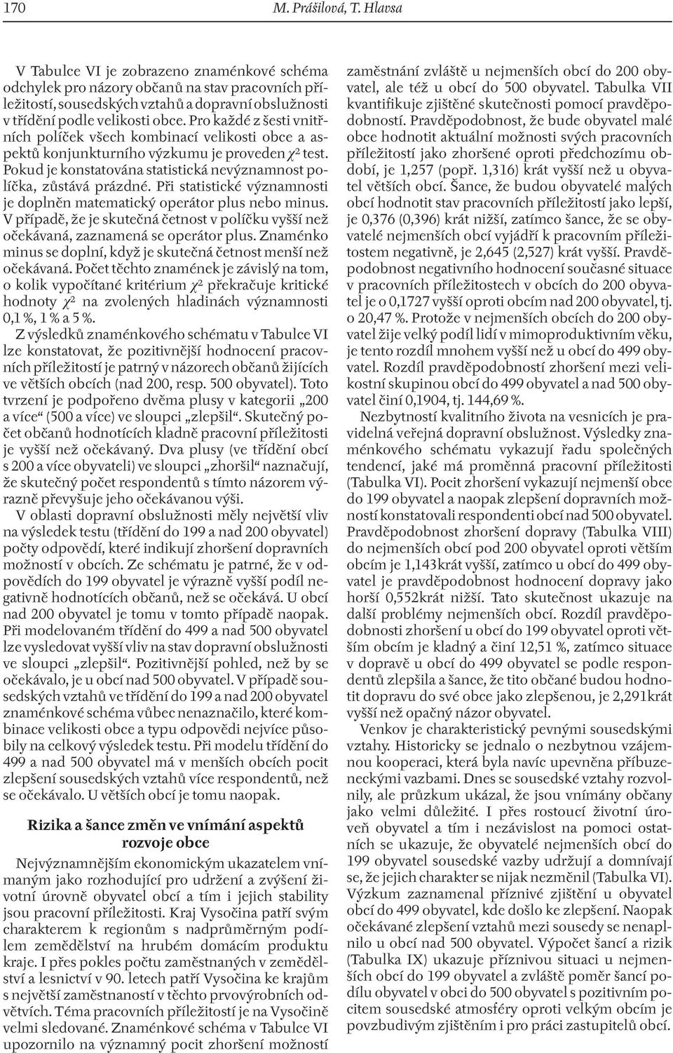 Pro každé z šesti vnitřních políček všech kombinací velikosti obce a aspektů konjunkturního výzkumu je proveden χ² test. Pokud je konstatována statistická nevýznamnost políčka, zůstává prázdné.