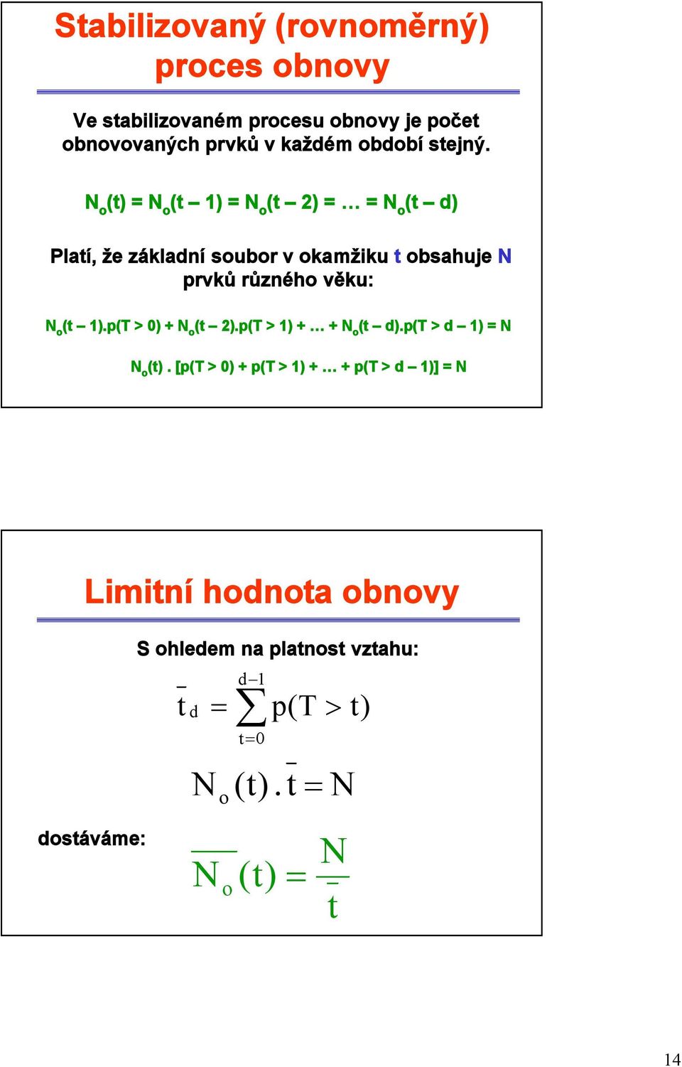 N o () = N o ( 1) = N o ( 2) = = N o ( d) Plaí, že základní soubor v okamžiku obsahuje N prvků různého věku: