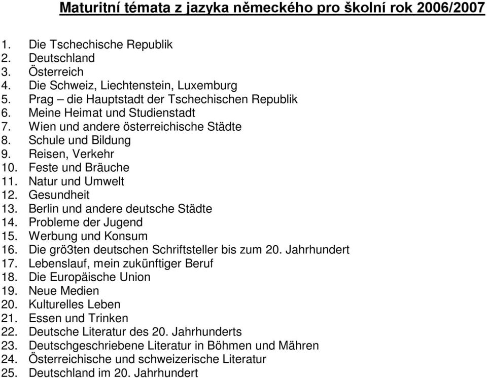 Natur und Umwelt 12. Gesundheit 13. Berlin und andere deutsche Städte 14. Probleme der Jugend 15. Werbung und Konsum 16. Die grö3ten deutschen Schriftsteller bis zum 20. Jahrhundert 17.