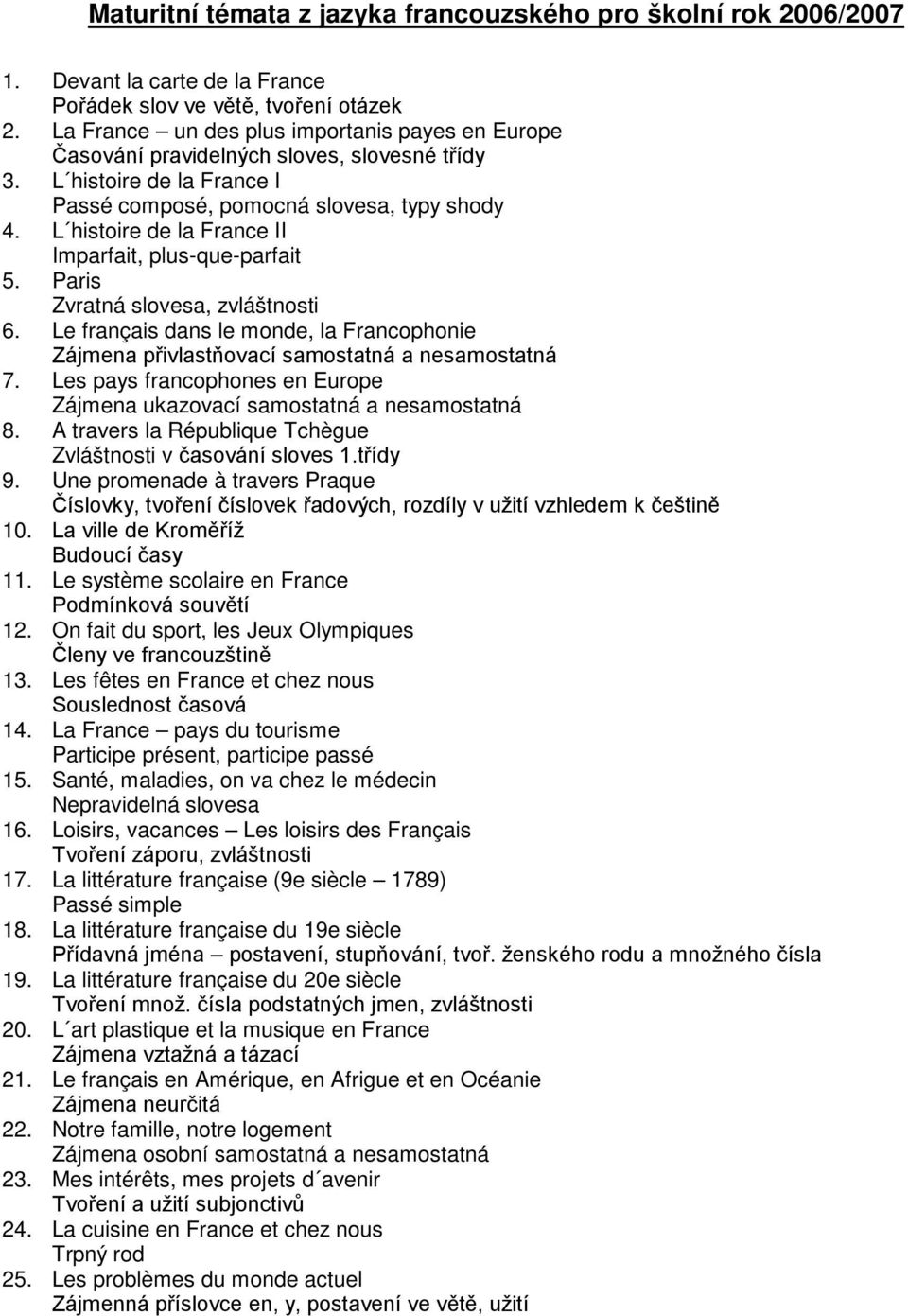 L histoire de la France II Imparfait, plus-que-parfait 5. Paris Zvratná slovesa, zvláštnosti 6. Le français dans le monde, la Francophonie Zájmena přivlastňovací samostatná a nesamostatná 7.
