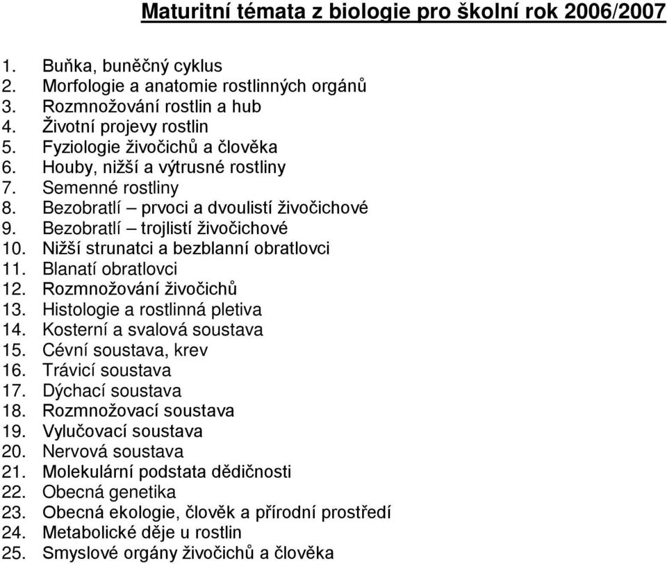 Nižší strunatci a bezblanní obratlovci 11. Blanatí obratlovci 12. Rozmnožování živočichů 13. Histologie a rostlinná pletiva 14. Kosterní a svalová soustava 15. Cévní soustava, krev 16.