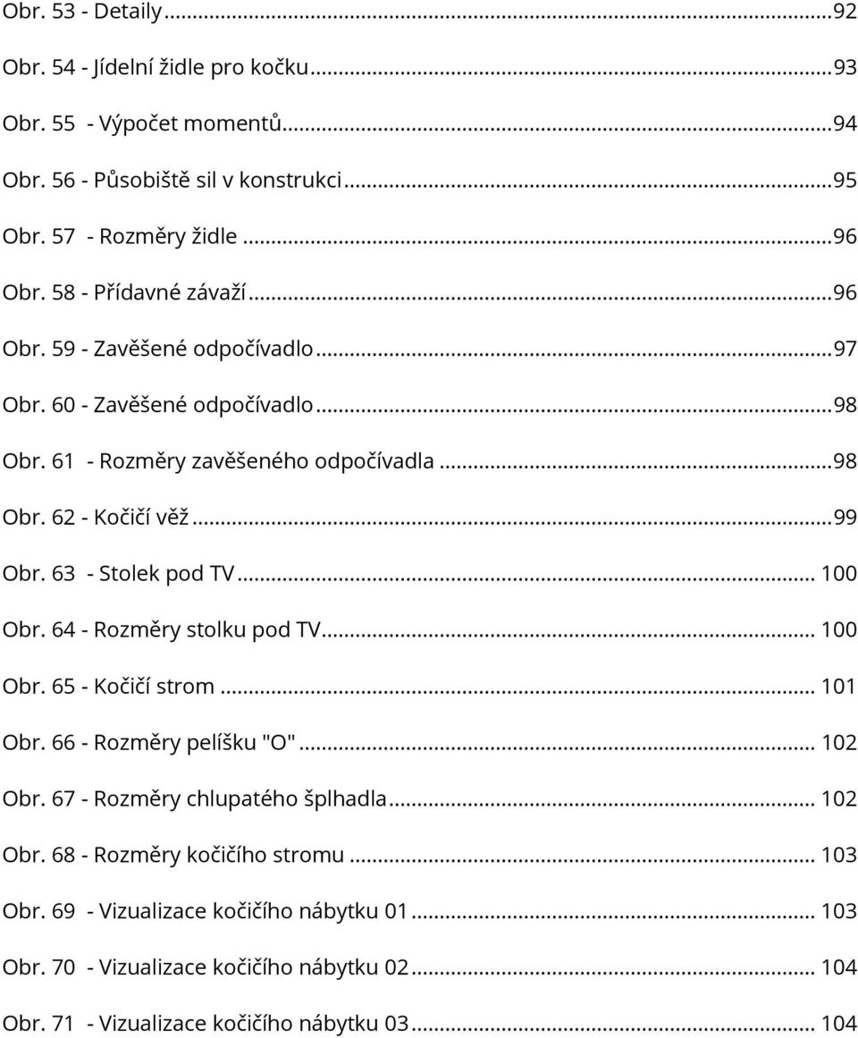 63 - Stolek pod TV... 100 Obr. 64 - Rozměry stolku pod TV... 100 Obr. 65 - Kočičí strom... 101 Obr. 66 - Rozměry pelíšku "O"... 102 Obr. 67 - Rozměry chlupatého šplhadla... 102 Obr. 68 - Rozměry kočičího stromu.