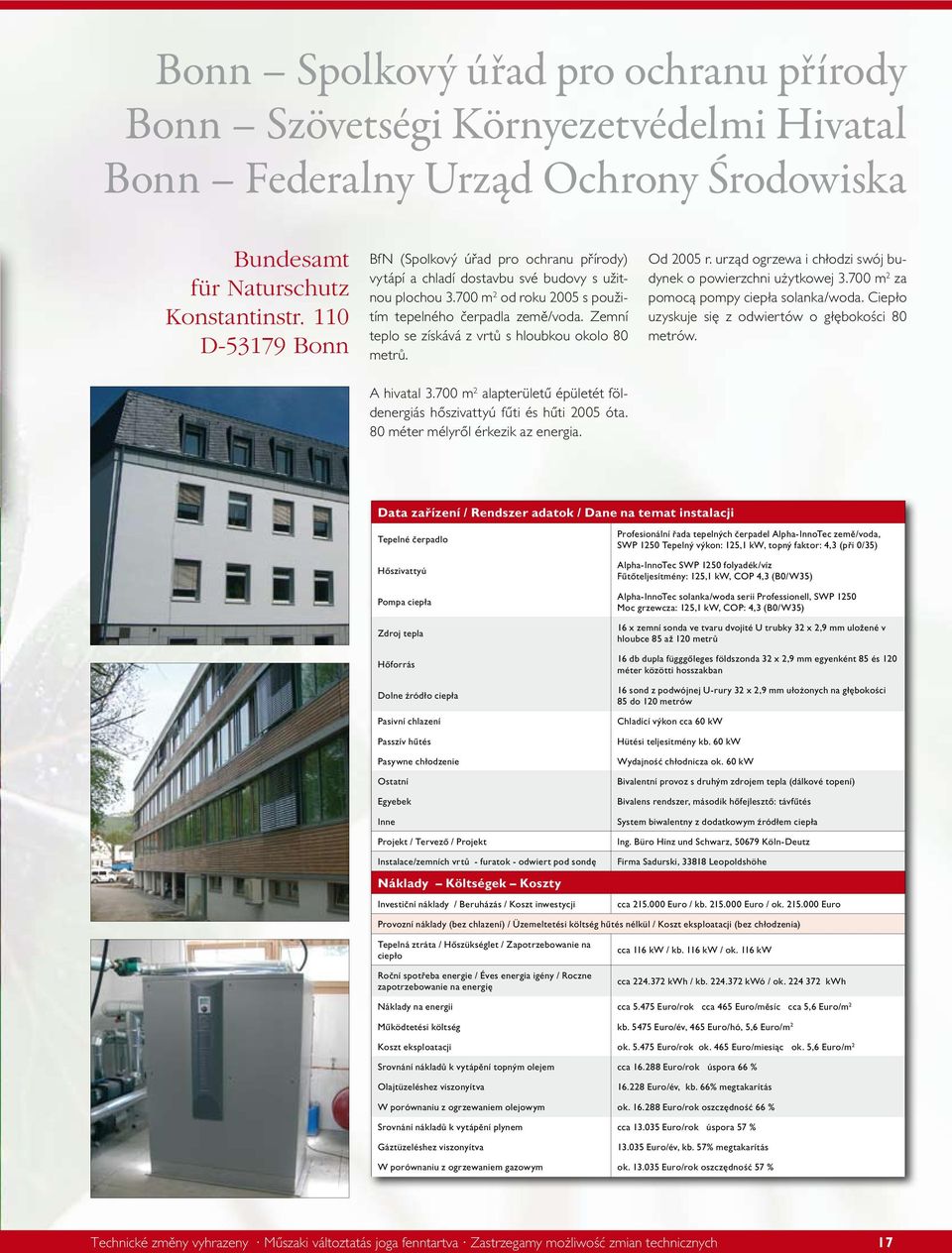 Zemní teplo se získává z vrtů s hloubkou okolo 80 metrů. A hivatal 3.700 m 2 alapterületű épületét földenergiás hőszivattyú fűti és hűti 2005 óta. 80 méter mélyről érkezik az energia. Od 2005 r.