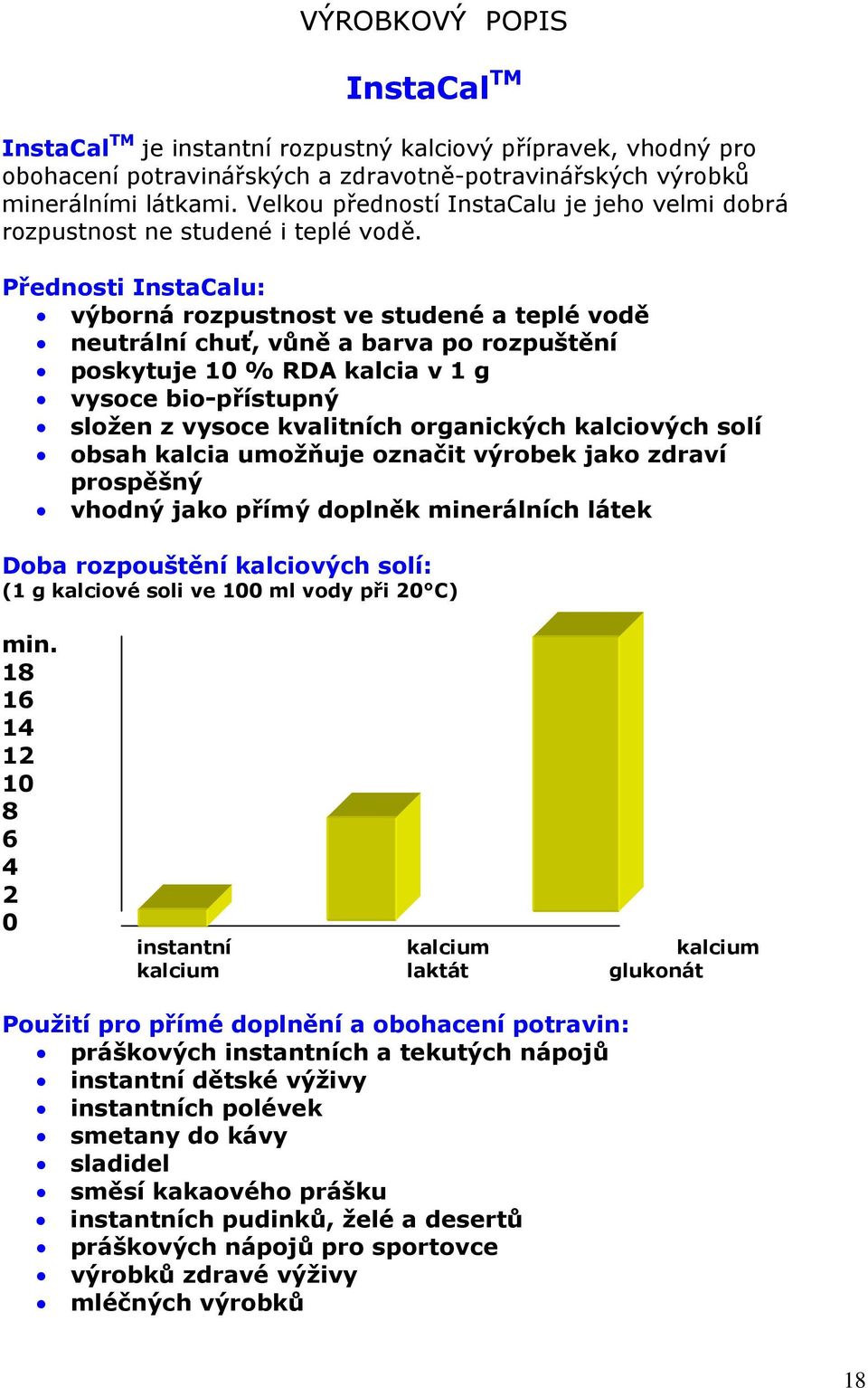 Přednosti InstaCalu: výborná rozpustnost ve studené a teplé vodě neutrální chuť, vůně a barva po rozpuštění poskytuje 10 % RDA kalcia v 1 g vysoce bio-přístupný složen z vysoce kvalitních organických