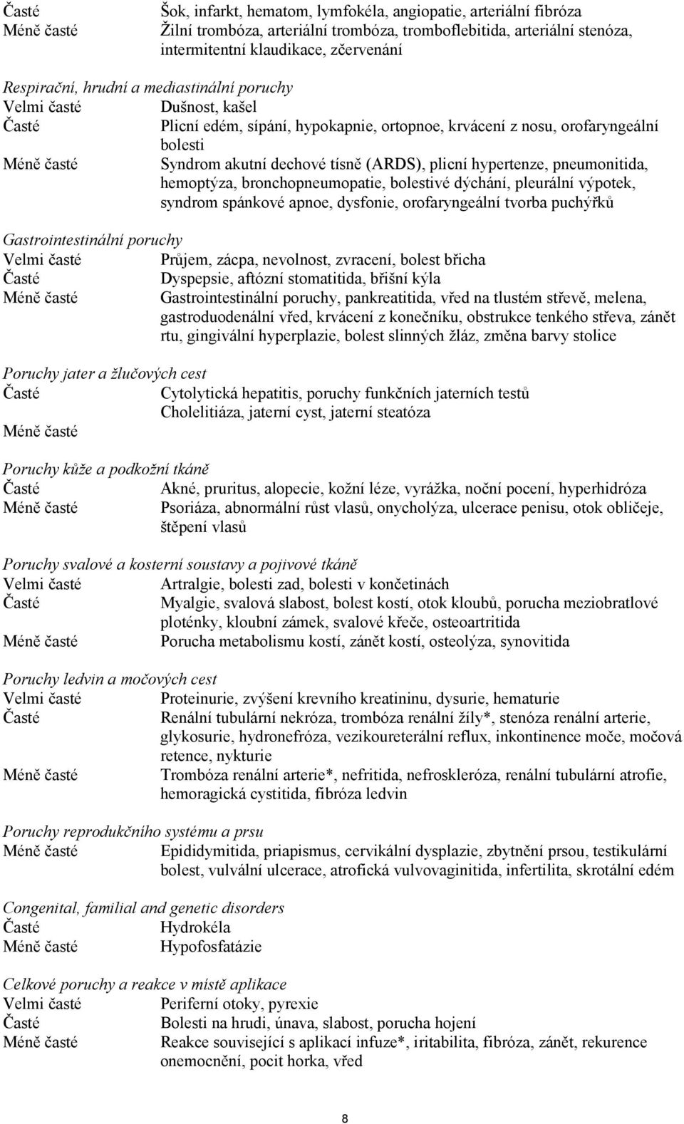 hypertenze, pneumonitida, hemoptýza, bronchopneumopatie, bolestivé dýchání, pleurální výpotek, syndrom spánkové apnoe, dysfonie, orofaryngeální tvorba puchýřků Gastrointestinální poruchy Velmi časté