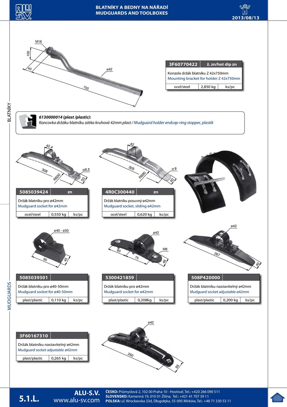 zátka kruhová 42mm plast / Mudguard holder endcap-ring stopper, plastik 308 5085039424 zn Držák blatníku pro ø42mm Mudguard socket for ø42mm ocel/steel 0,550 kg ks/pc 90 42,4 R600 ø40 - ø50 45 Držák