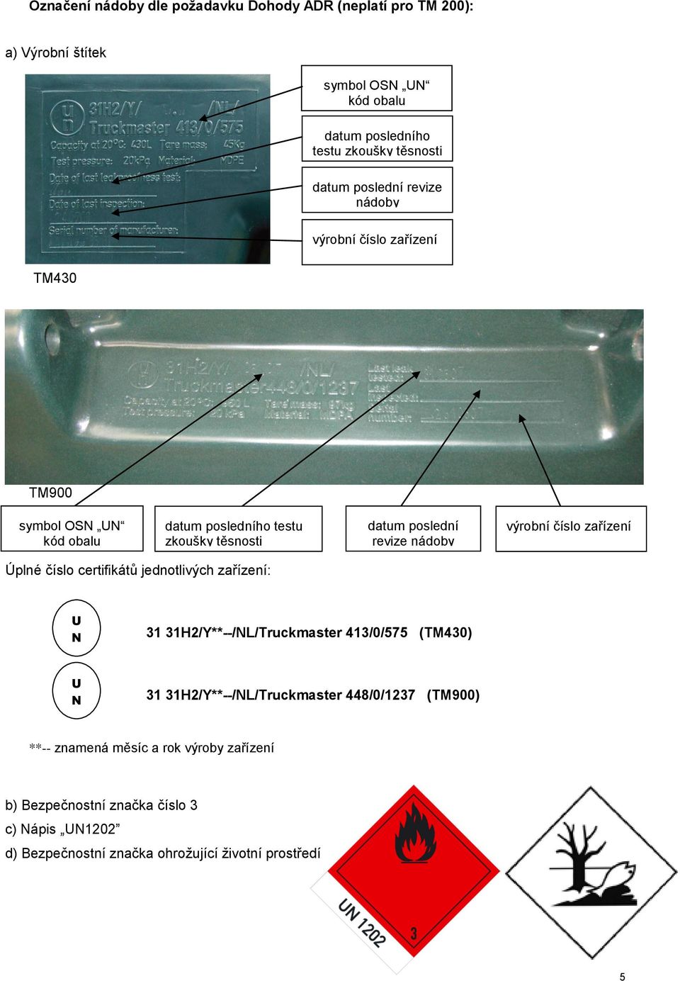 výrobní číslo zařízení Úplné N UN číslo Kód certifikátů jednotlivých zařízení: obalu U N 31 31H2/Y**--/NL/Truckmaster 413/0/575 (TM430) U N 31