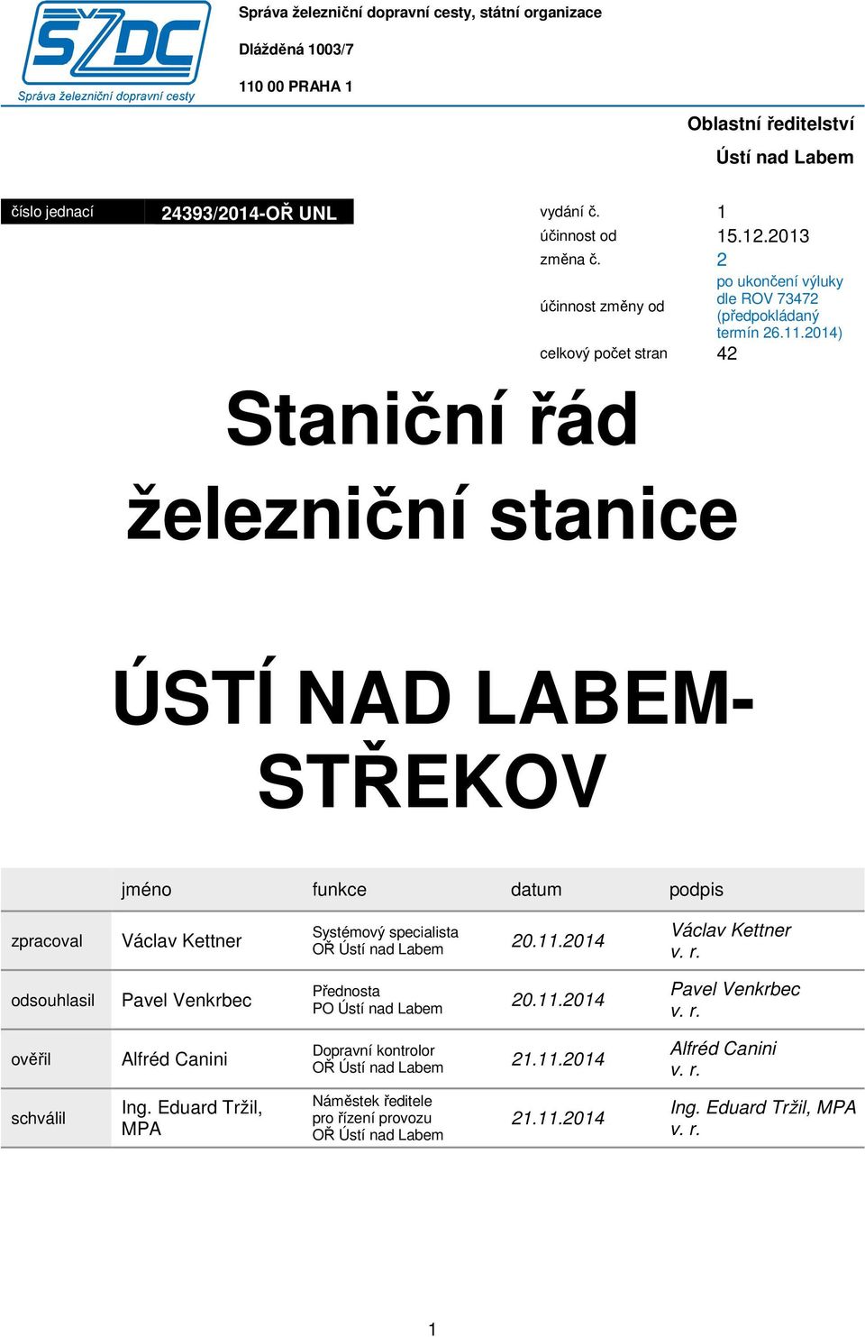 2014) celkový počet stran 42 Staniční řád železniční stanice ÚSTÍ NAD LABEM- STŘEKOV jméno funkce datum podpis zpracoval Václav Kettner Systémový specialista OŘ Ústí nad Labem 20.11.