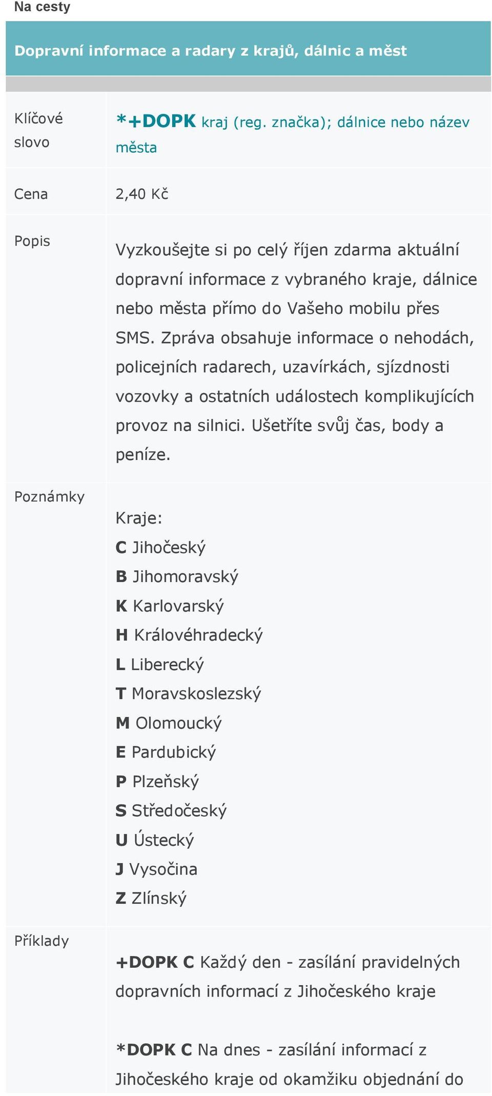 Zpráva obsahuje informace o nehodách, policejních radarech, uzavírkách, sjízdnosti vozovky a ostatních událostech komplikujících provoz na silnici. Ušetříte svůj čas, body a peníze.