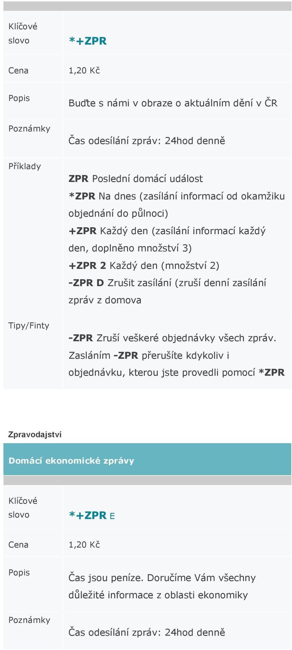 denní zasílání zpráv z domova -ZPR Zruší veškeré objednávky všech zpráv.