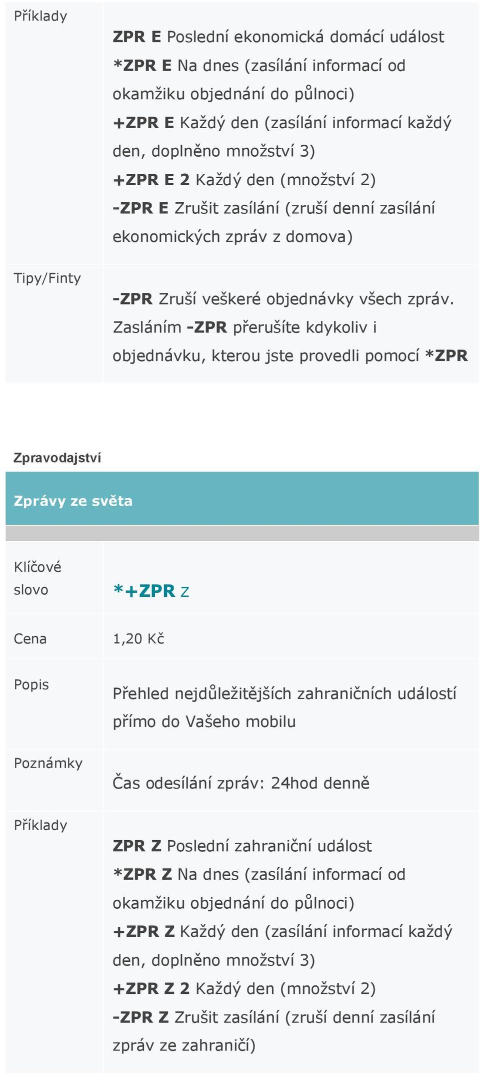 Zasláním -ZPR přerušíte kdykoliv i objednávku, kterou jste provedli pomocí *ZPR Zpravodajství Zprávy ze světa *+ZPR Z 1,20 Kč Přehled nejdůležitějších zahraničních událostí přímo do Vašeho mobilu Čas