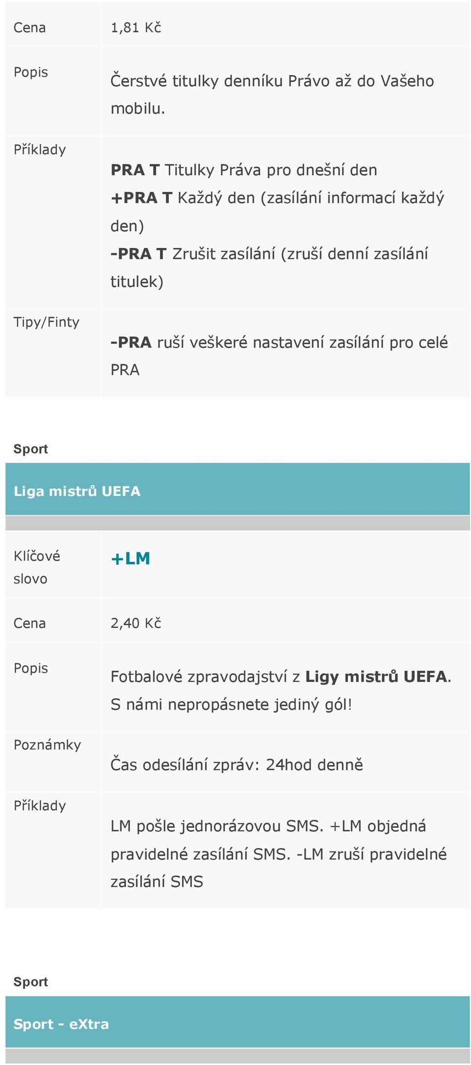 zasílání titulek) -PRA ruší veškeré nastavení zasílání pro celé PRA Sport Liga mistrů UEFA +LM Fotbalové zpravodajství z