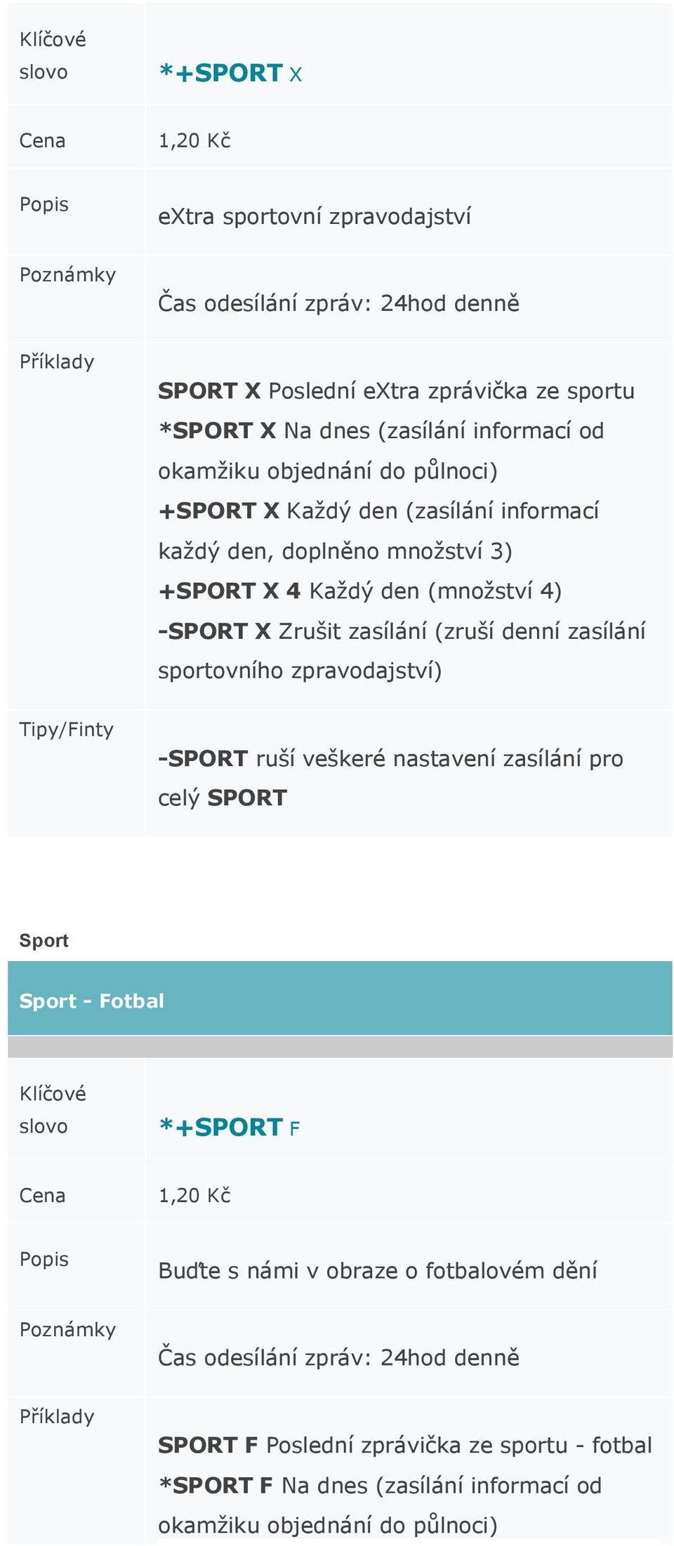 (zruší denní zasílání sportovního zpravodajství) -SPORT ruší veškeré nastavení zasílání pro celý SPORT Sport Sport - Fotbal *+SPORT F 1,20 Kč Buďte s námi v obraze