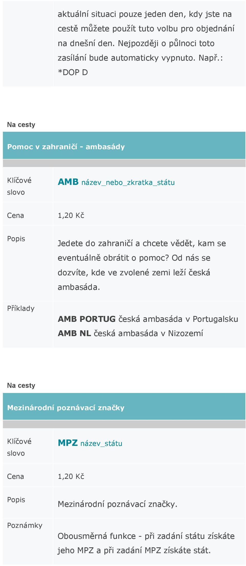 : *DOP D Na cesty Pomoc v zahraničí - ambasády AMB název_nebo_zkratka_státu 1,20 Kč Jedete do zahraničí a chcete vědět, kam se eventuálně obrátit o pomoc?