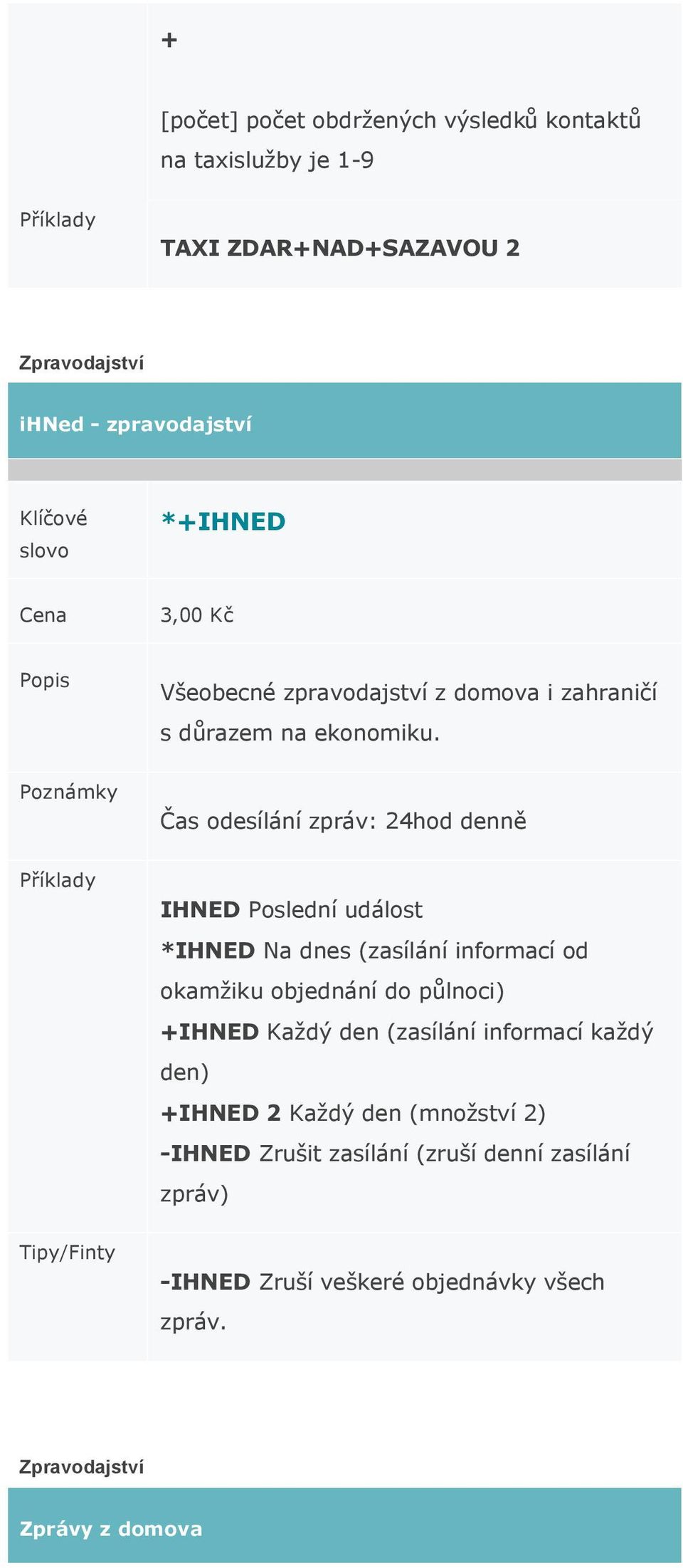 Čas odesílání zpráv: 24hod denně IHNED Poslední událost *IHNED Na dnes (zasílání informací od okamžiku objednání do půlnoci) +IHNED