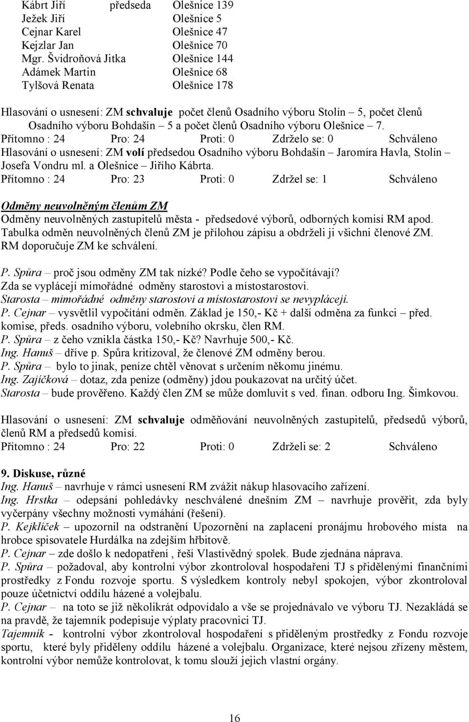 počet členů Osadního výboru Olešnice 7. Hlasování o usnesení: ZM volí předsedou Osadního výboru Bohdašín Jaromíra Havla, Stolín Josefa Vondru ml. a Olešnice Jiřího Kábrta.