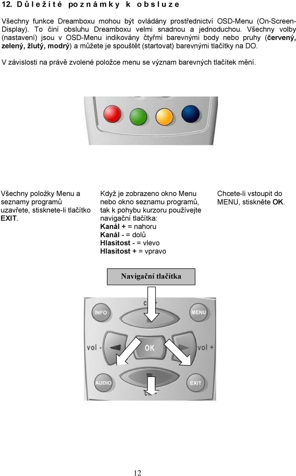 Všechny volby (nastavení) jsou v OSD-Menu indikovány čtyřmi barevnými body nebo pruhy (červený, zelený, žlutý, modrý) a můžete je spouštět (startovat) barevnými tlačítky na DO.