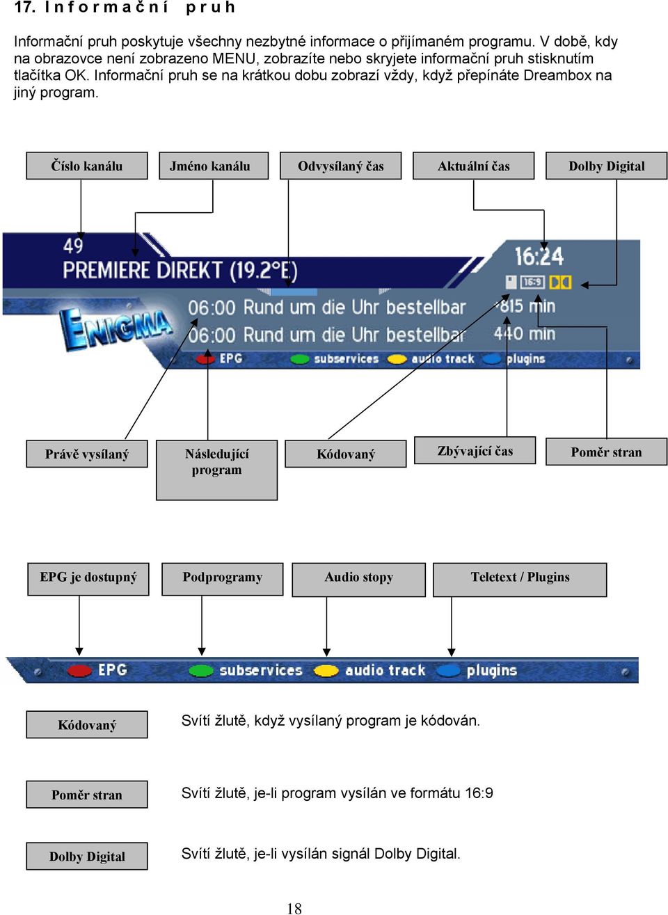 Informační pruh se na krátkou dobu zobrazí vždy, když přepínáte Dreambox na jiný program.