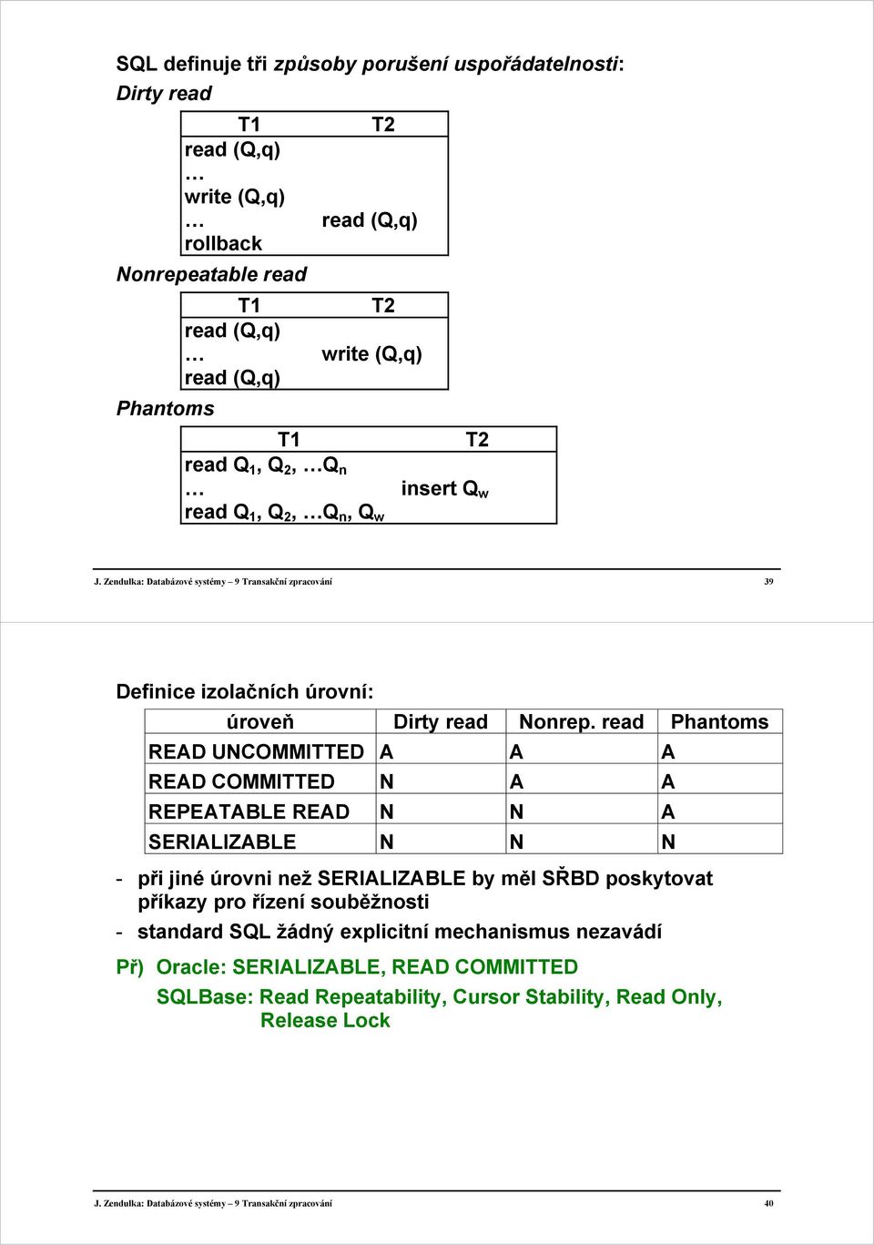 read Phantoms READ UNCOMMITTED A A A READ COMMITTED N A A REPEATABLE READ N N A SERIALIZABLE N N N - při jiné úrovni než SERIALIZABLE by měl SŘBD poskytovat příkazy pro řízení souběžnosti -