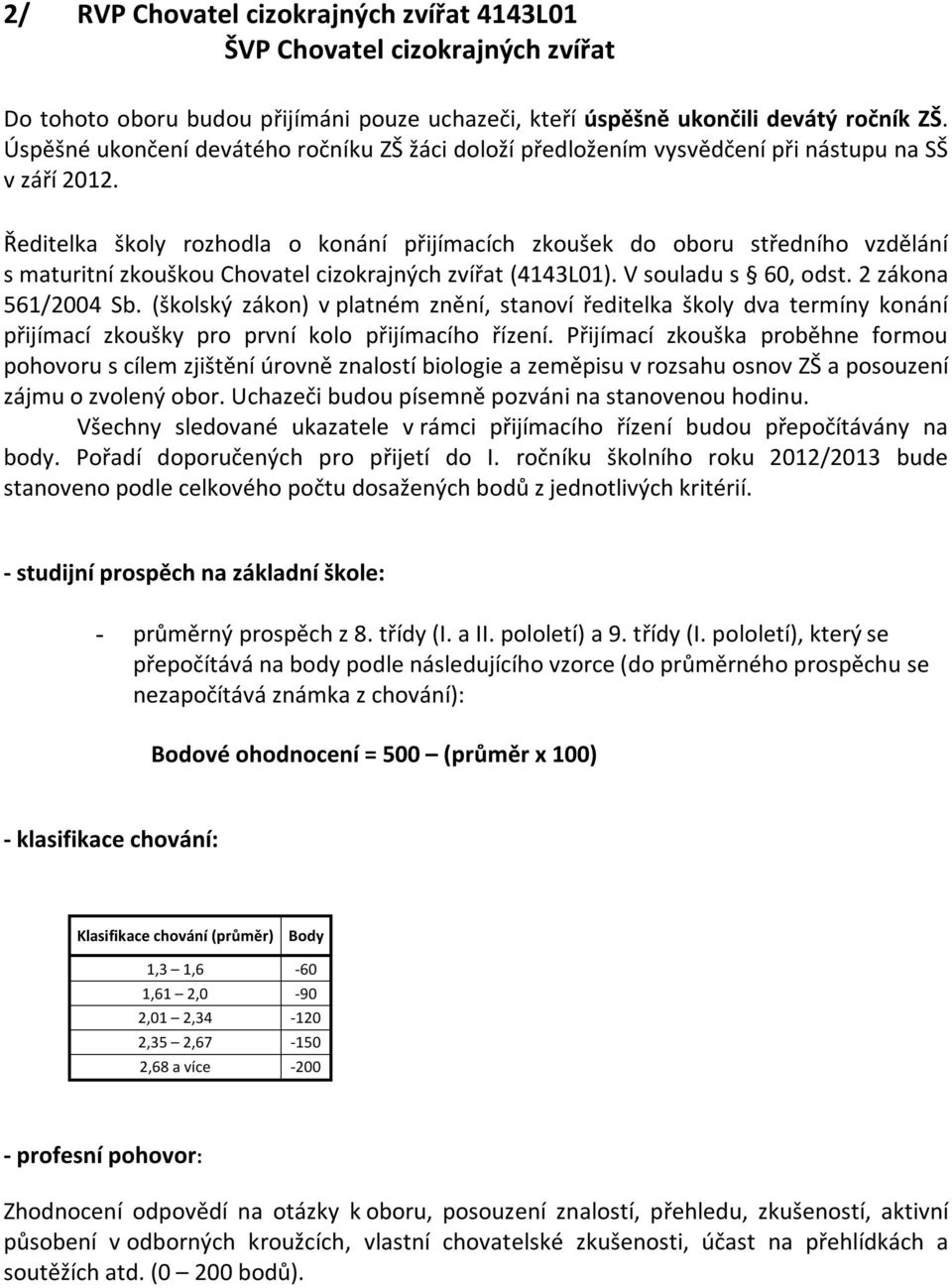 Ředitelka školy rozhodla o konání přijímacích zkoušek do oboru středního vzdělání s maturitní zkouškou Chovatel cizokrajných zvířat (4143L01). V souladu s 60, odst. 2 zákona 561/2004 Sb.