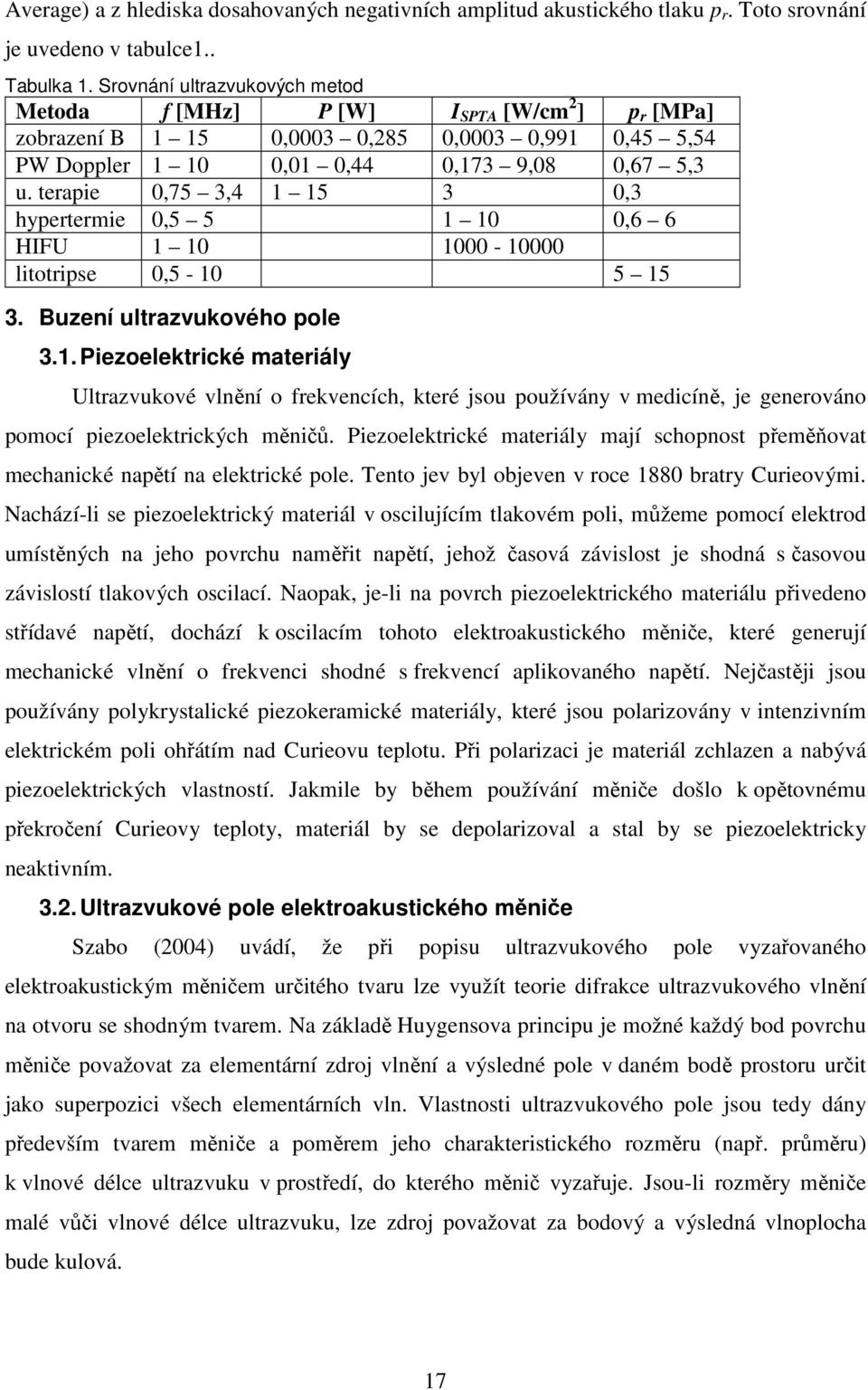 terapie,75 3,4 1 15 3,3 hypertermie,5 5 1 1,6 6 HIFU 1 1 1-1 litotripse,5-1 5 15 3. Buzení ultrazvukového pole 3.1. Piezoelektrické materiály Ultrazvukové vlnění o frekvencích, které jsou používány v medicíně, je generováno pomocí piezoelektrických měničů.