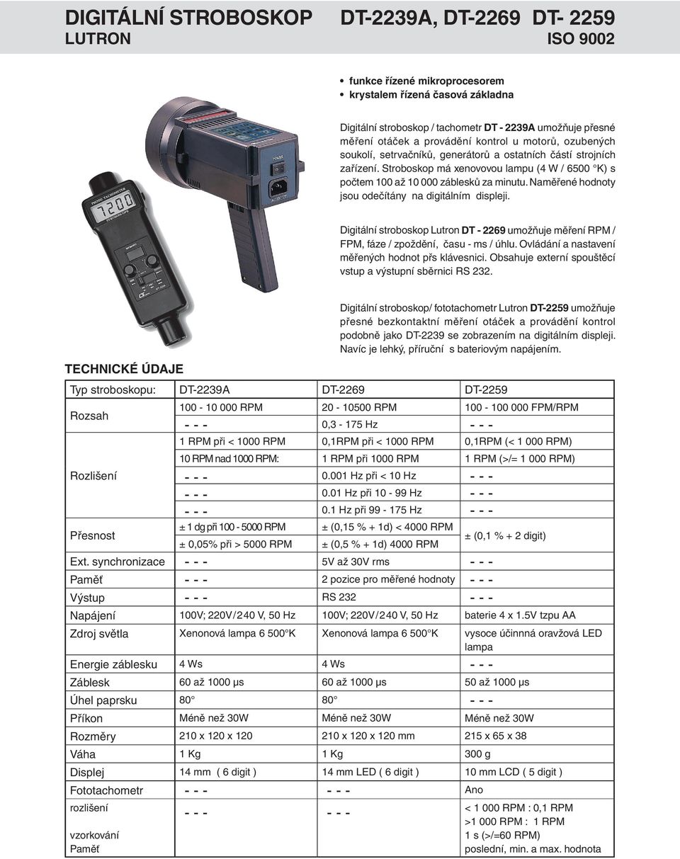 Naměřené hodnoty jsou odečítány na digitálním displeji. Digitální stroboskop Lutron DT - 2269 umožňuje měření RPM / FPM, fáze / zpoždění, času - ms / úhlu.