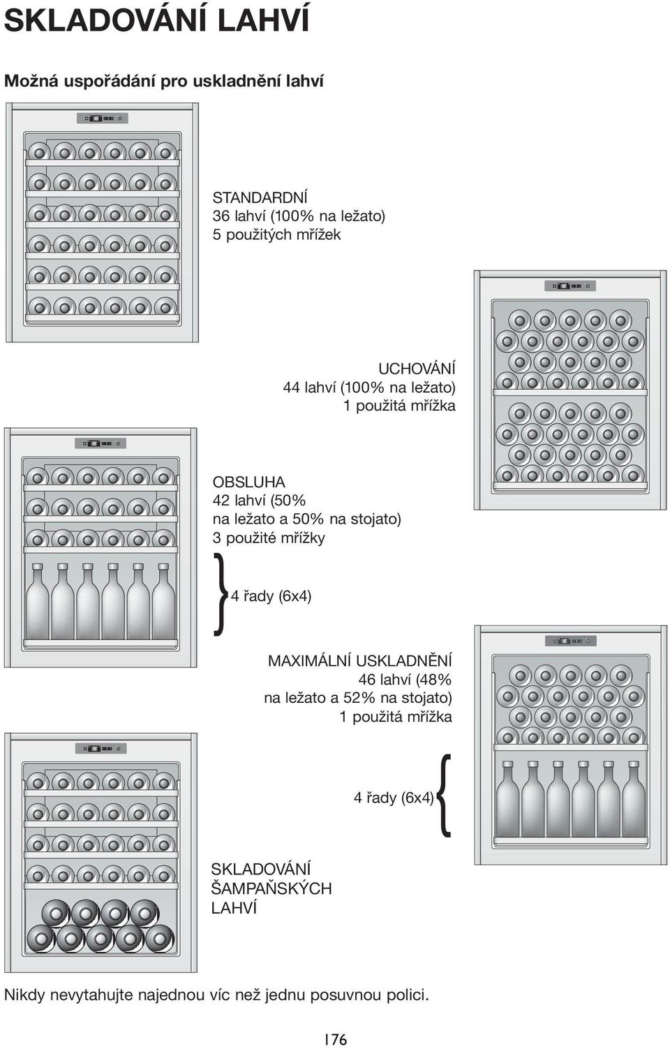 stojato) 3 použité mřížky }4 řady (6x4) MAXIMÁLNÍ USKLADNĚNÍ 46 lahví (48% na ležato a 52% na stojato) 1
