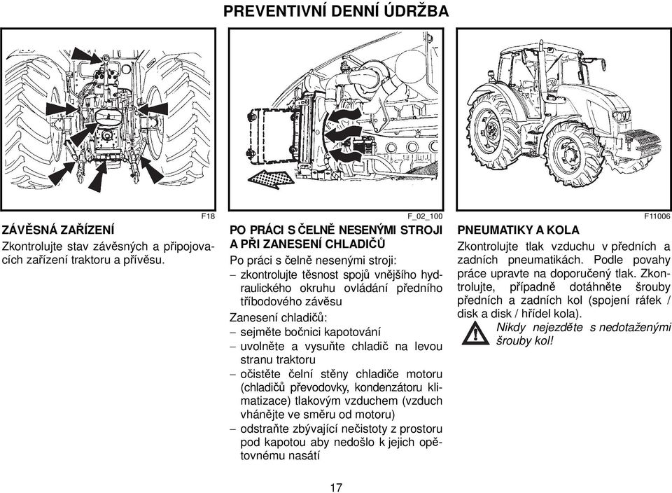 závěsu Zanesení chladičů: sejměte bočnici kapotování uvolněte a vysuňte chladič na levou stranu traktoru očistěte čelní stěny chladiče motoru (chladičů převodovky, kondenzátoru klimatizace) tlakovým