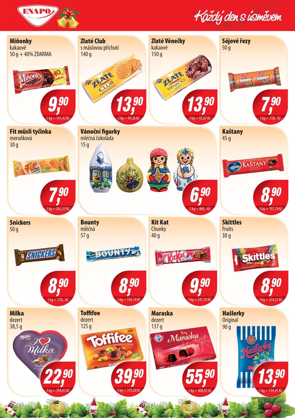 mléčná 57 g Kit Kat Chunky 40 g Skittles Fruits 38 g 8, 90 1 kg = 178,- Kč 8, 90 1 kg = 156,14 Kč 9, 90 1 kg = 247,50 Kč 8, 90 1 kg = 234,21 Kč Milka dezert 38,5 g Toffifee dezert 125 g