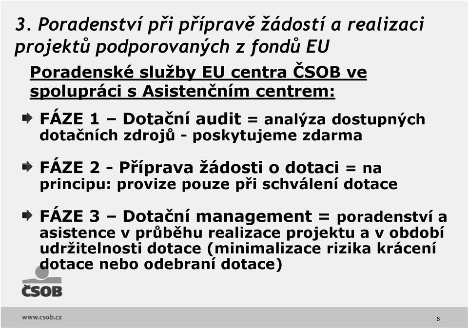 Příprava žádosti o dotaci = na principu: provize pouze při schválení dotace FÁZE 3 Dotační management = poradenství a