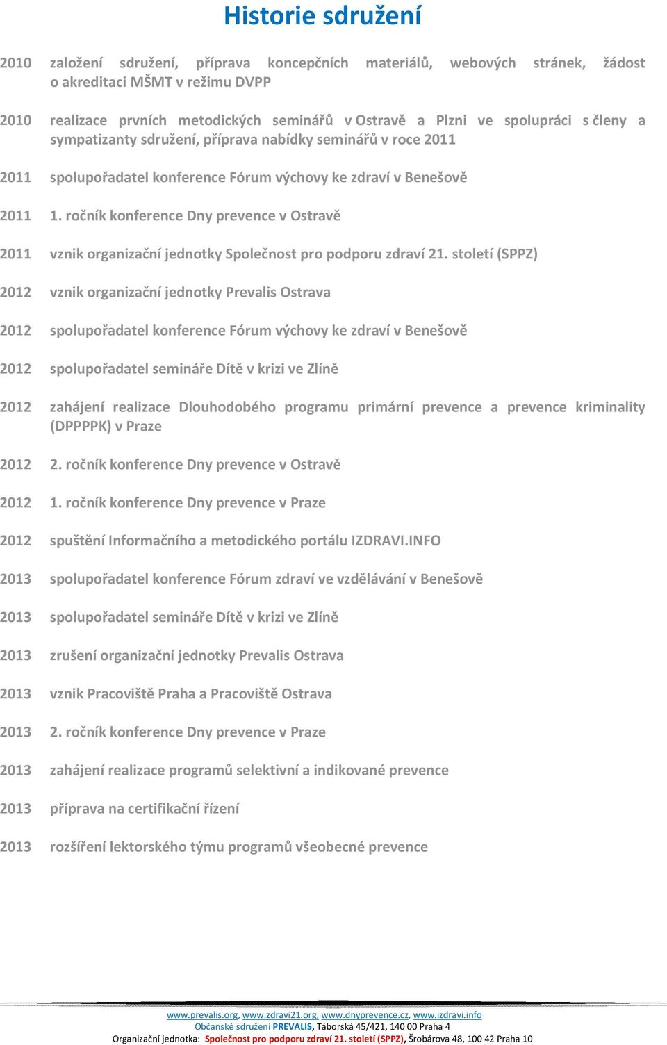 ročník konference Dny prevence v Ostravě 2011 vznik organizační jednotky Společnost pro podporu zdraví 21.