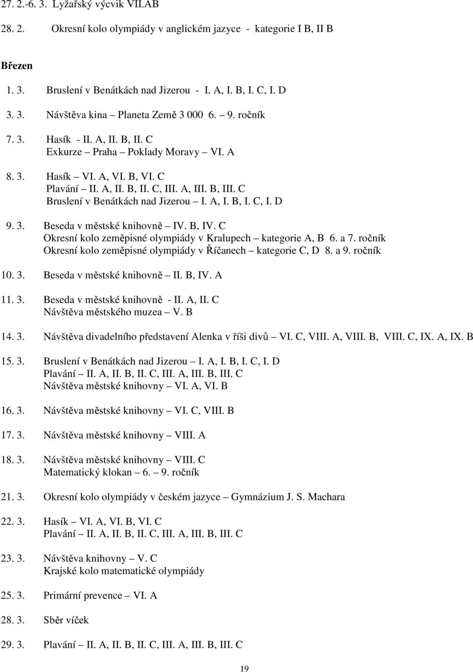 A, I. B, I. C, I. D 9. 3. Beseda v městské knihovně IV. B, IV. C Okresní kolo zeměpisné olympiády v Kralupech kategorie A, B 6. a 7.