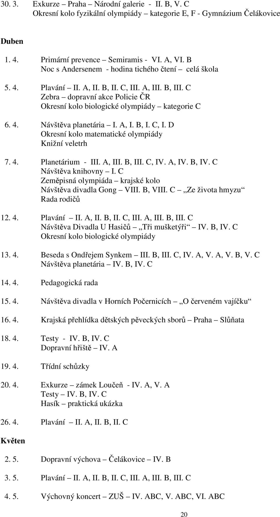 A, I. B, I. C, I. D Okresní kolo matematické olympiády Knižní veletrh 7. 4. Planetárium - III. A, III. B, III. C, IV. A, IV. B, IV. C Návštěva knihovny I.