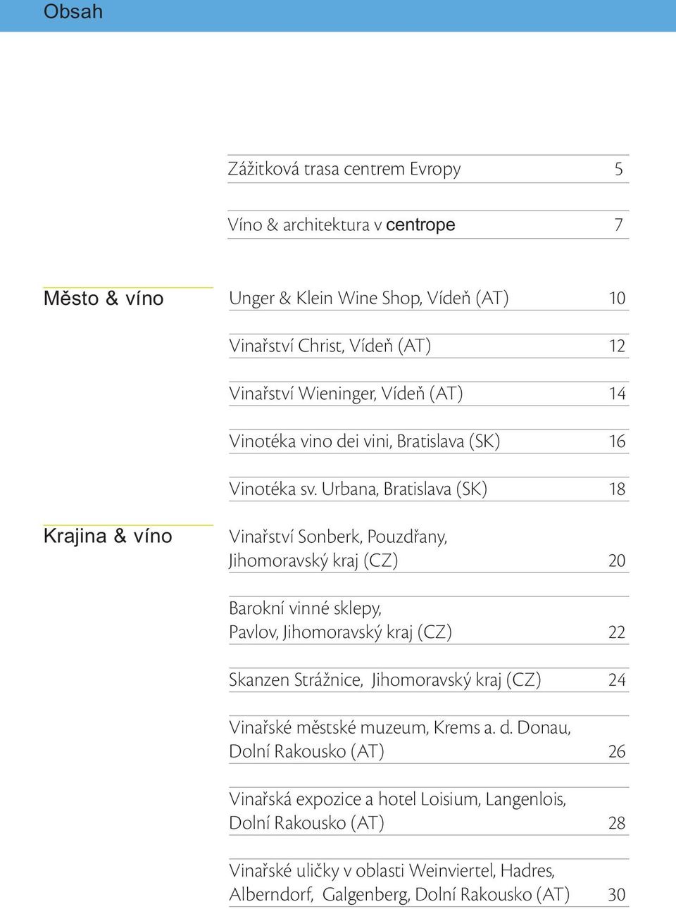 Urbana, Bratislava (SK) 18 Krajina & víno Vinařství Sonberk, Pouzdřany, Jihomoravský kraj (CZ) 20 Barokní vinné sklepy, Pavlov, Jihomoravský kraj (CZ) 22 Skanzen