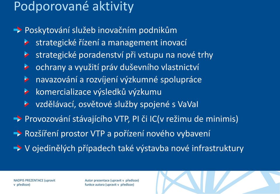 spolupráce komercializace výsledků výzkumu vzdělávací, osvětové služby spojené s VaVaI Provozování stávajícího VTP, PI